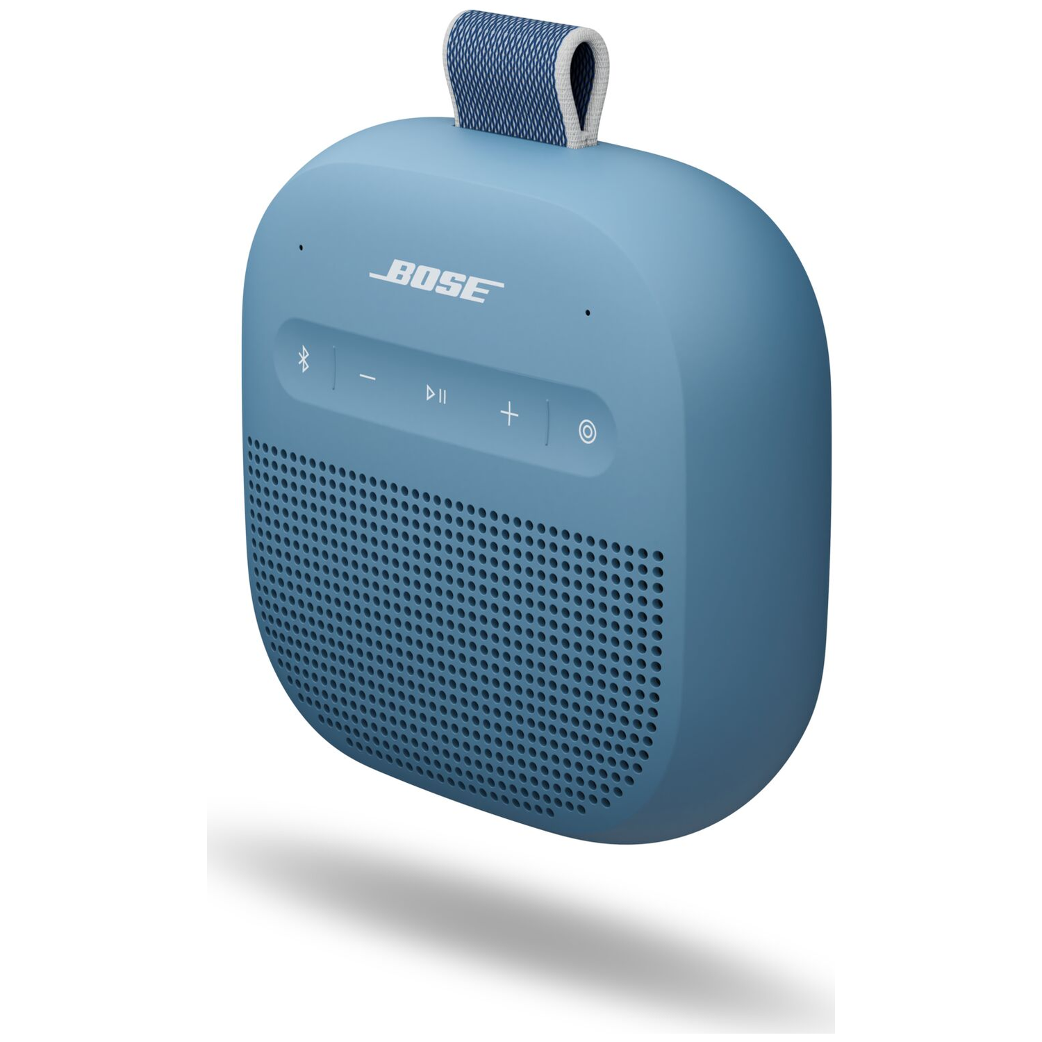 Een blauwe Bose speaker met draaglus en bedieningsknoppen.