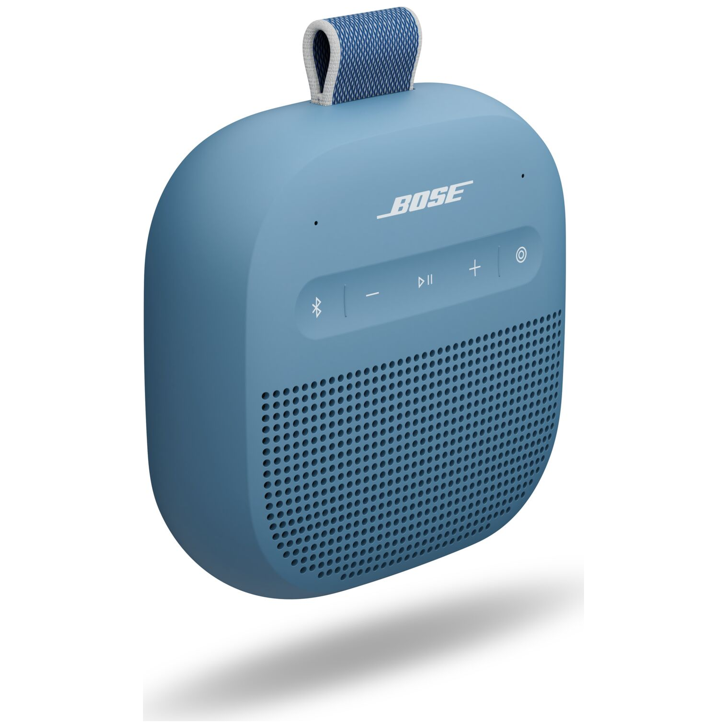 Een blauwe Bose speaker met stoffen handvat en bedieningsknoppen.