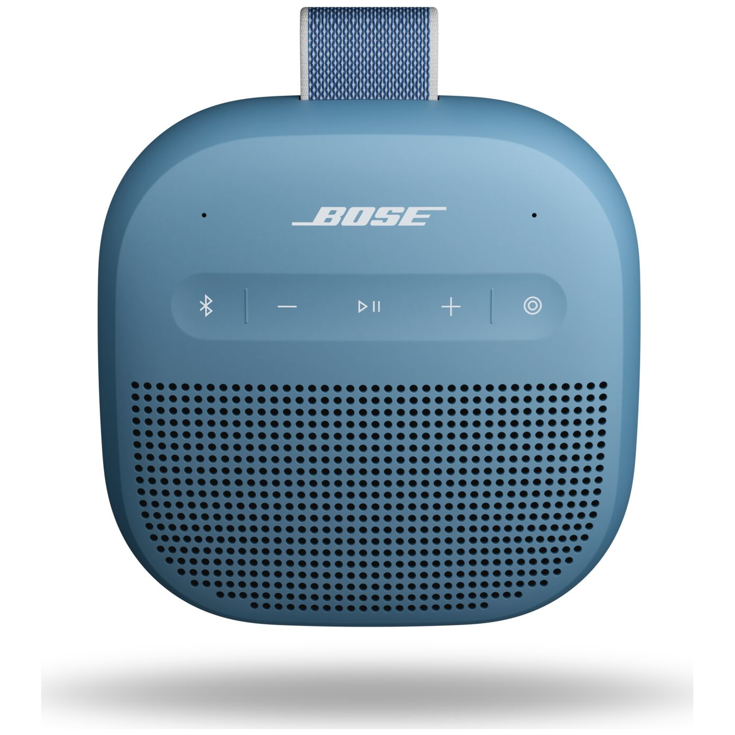 Een blauwe Bose Bluetooth-luidspreker met stoffen band.