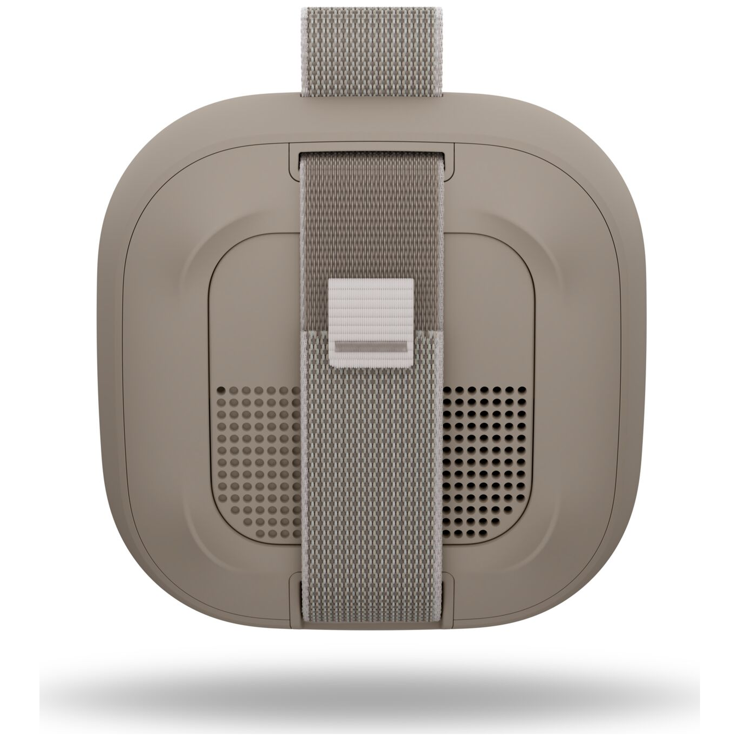 Beige luidspreker met stoffen band en geperforeerde patroonelementen.