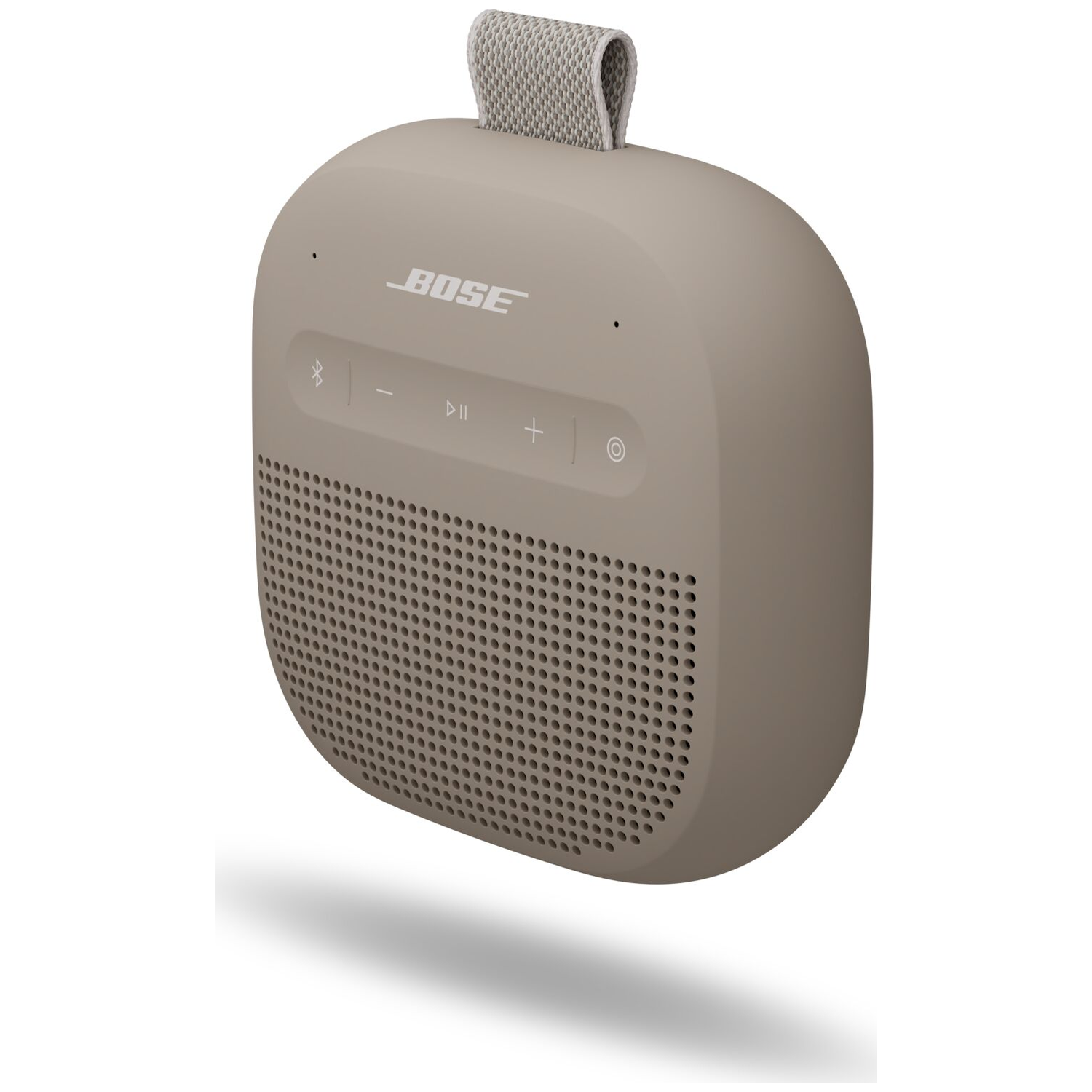 Een taupe Bose speaker met geperforeerd rooster en bedieningsknoppen.