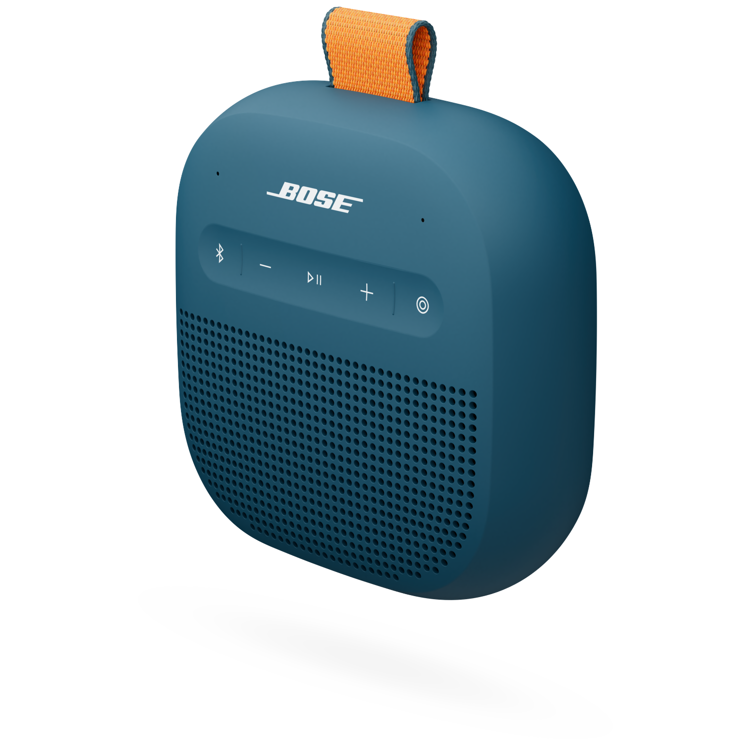 Een blauwe Bose speaker met een oranje lus en bedieningselementen.