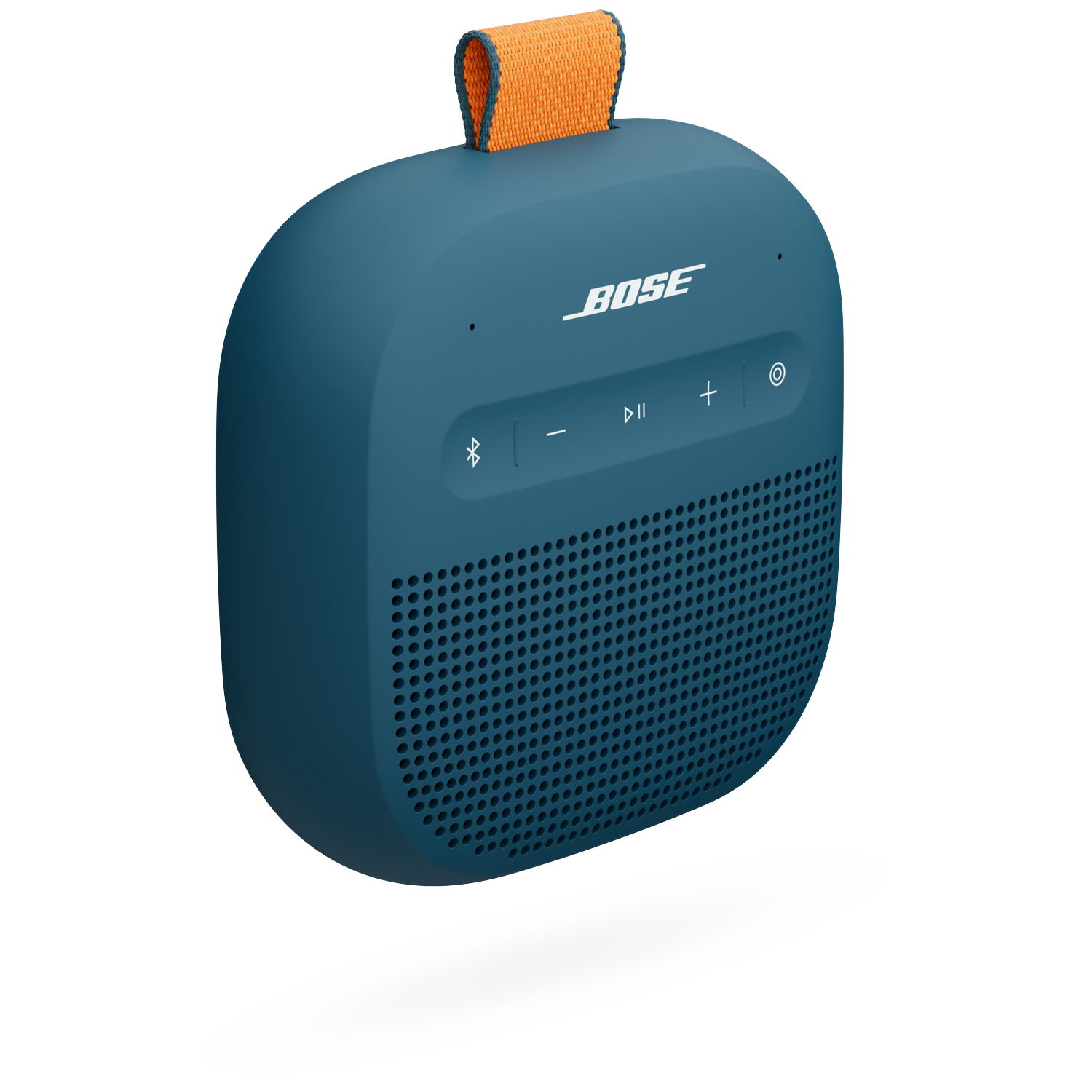 Een blauwe Bose speaker met oranje lus en bedieningsknoppen.