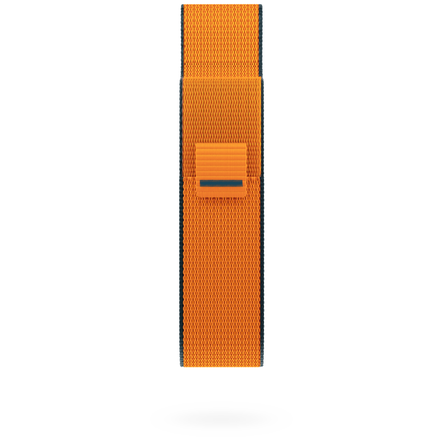 Oranje stoffen band met donkere streep en klein vierkant detail.