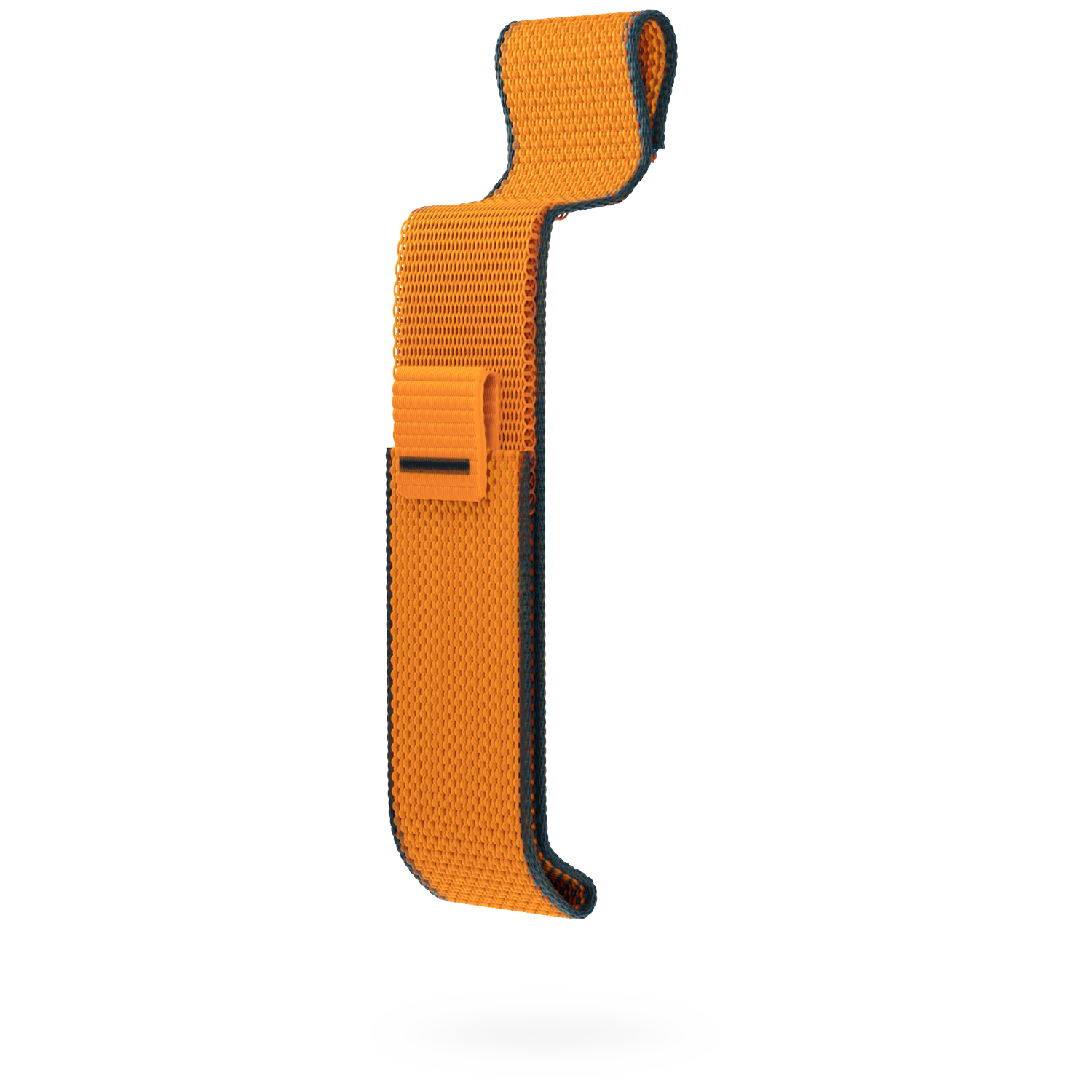 Een oranje geweven band met zwarte rand en een klein sleufje.