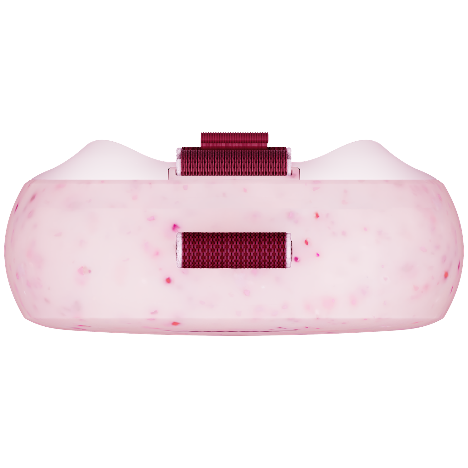 Een roze, doorschijnend object met kleine roze spikkels en bordeauxrode banden.