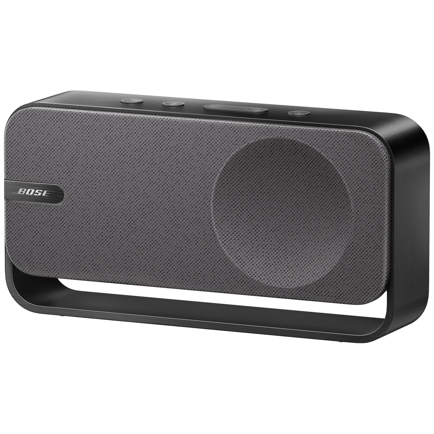 A black Bose speaker with a grey fabric front and buttons on top.