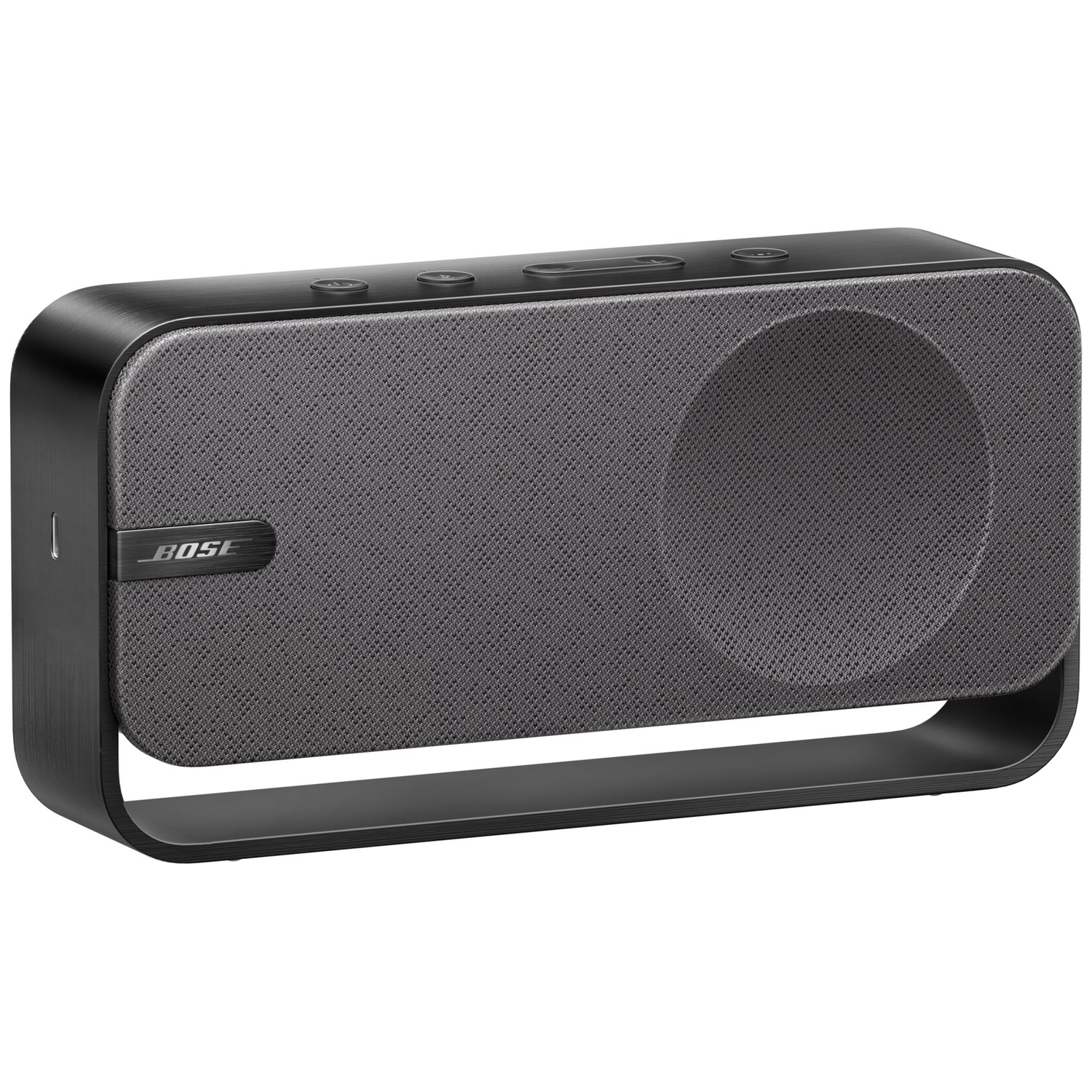 Black Bose speaker with grey fabric grill and control buttons on top.