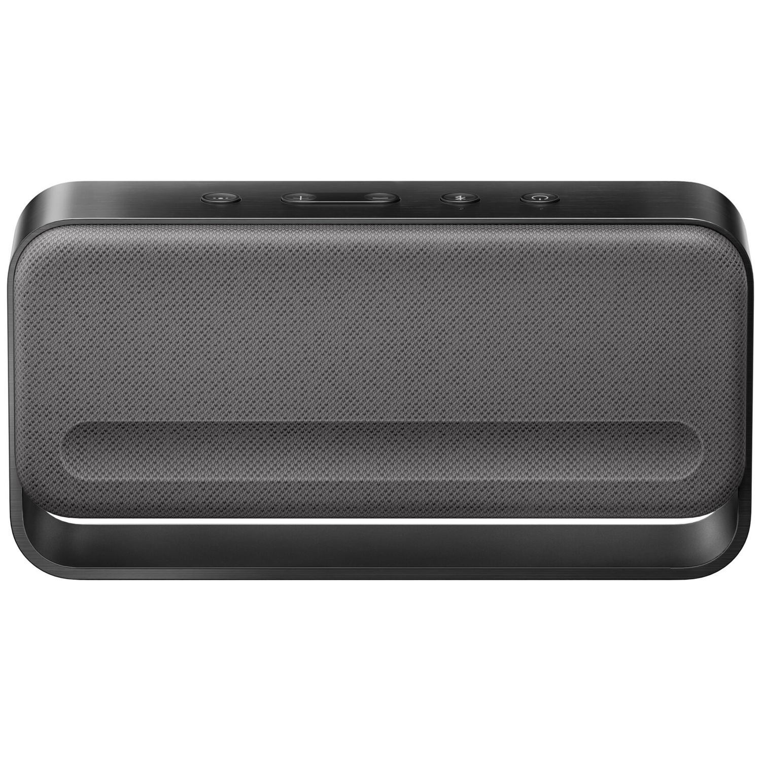 A dark, rectangular speaker with fabric grille and buttons on top.
