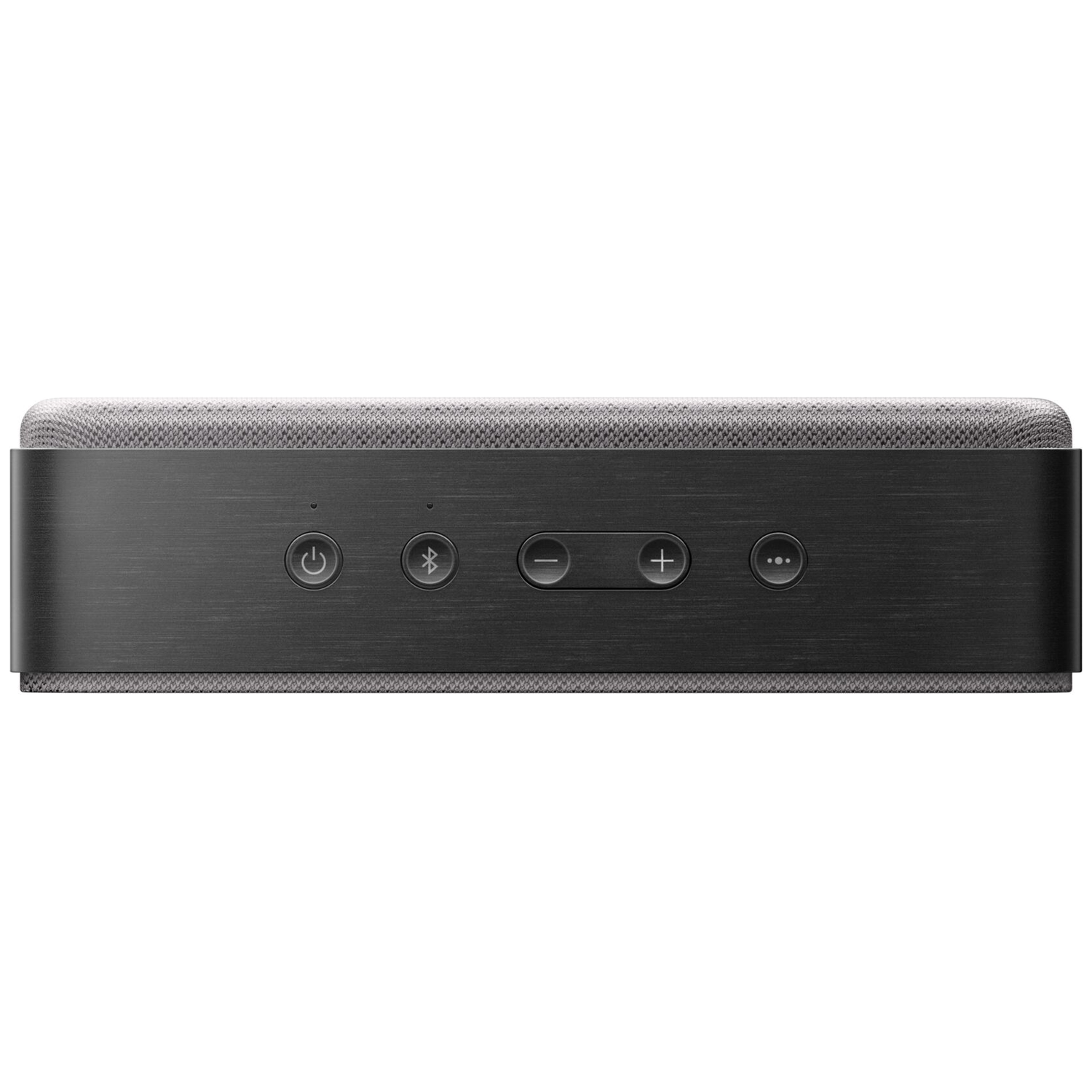 Gray speaker with black controls: Power, Bluetooth, Volume +/-, and options button.