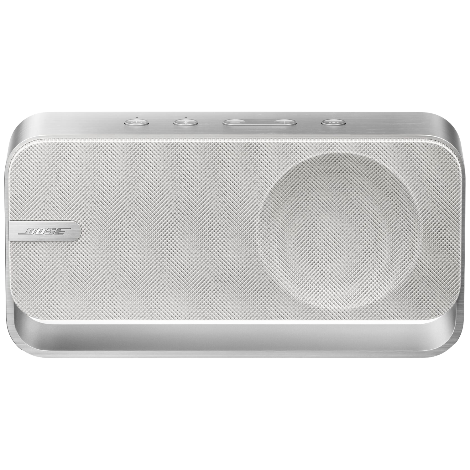A silver Bose speaker with a fabric grill and buttons on top.