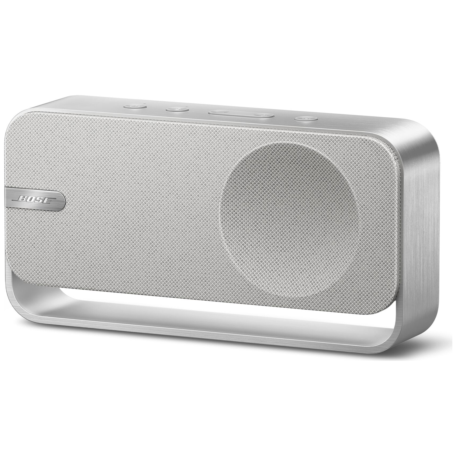 A silver Bose speaker with fabric grill and control buttons on top.