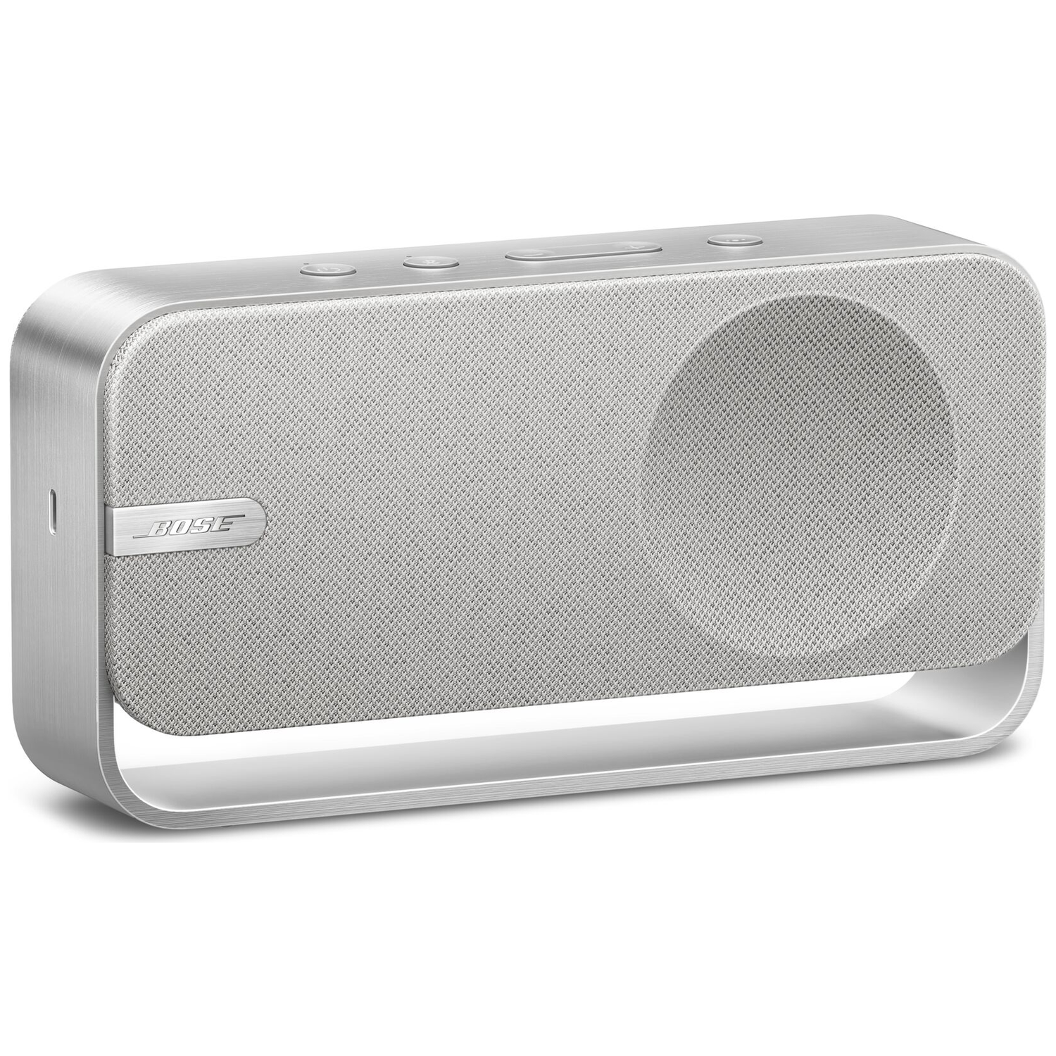 A silver Bose Bluetooth speaker with a gray fabric grille and control buttons.