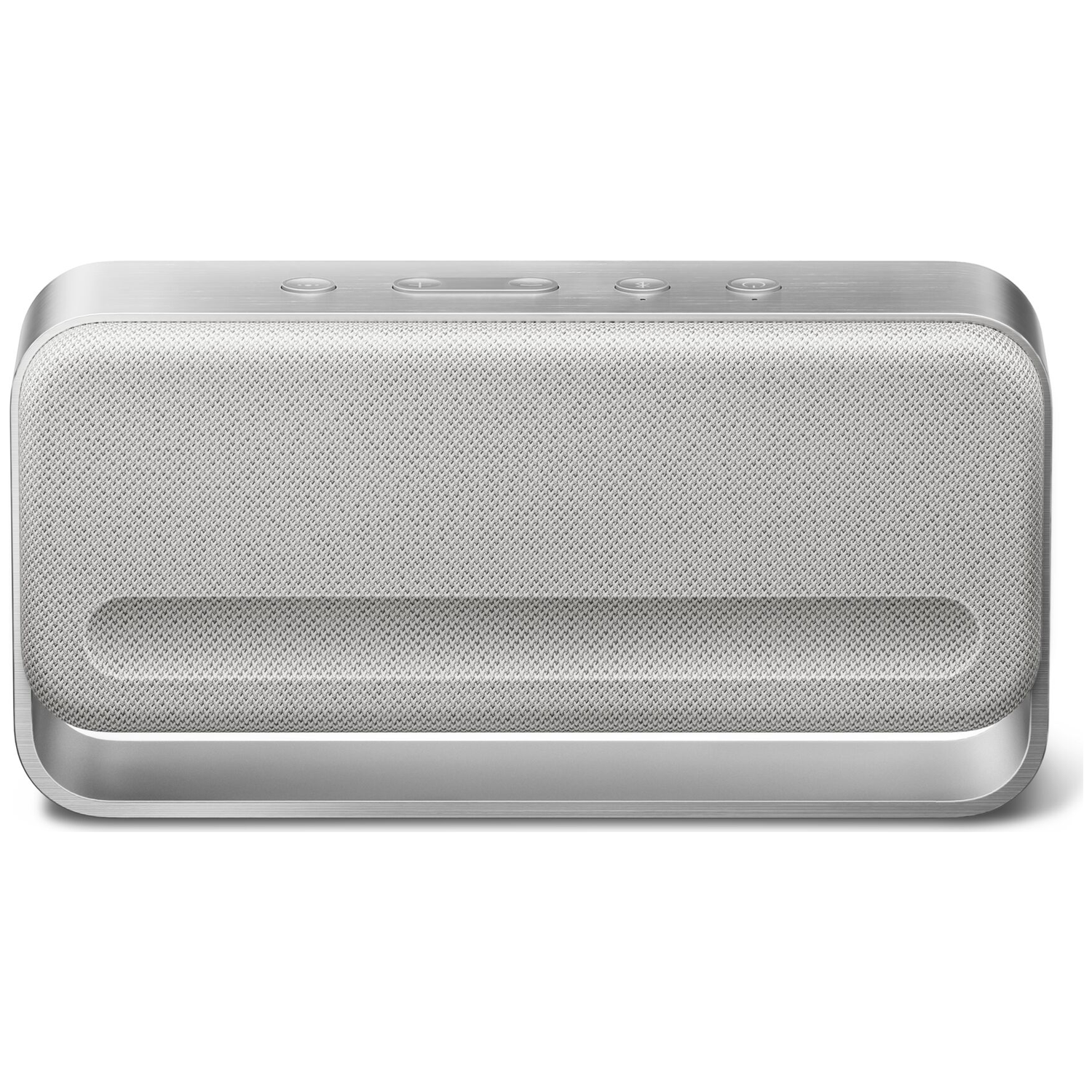 A silver speaker with fabric grill and buttons on top.