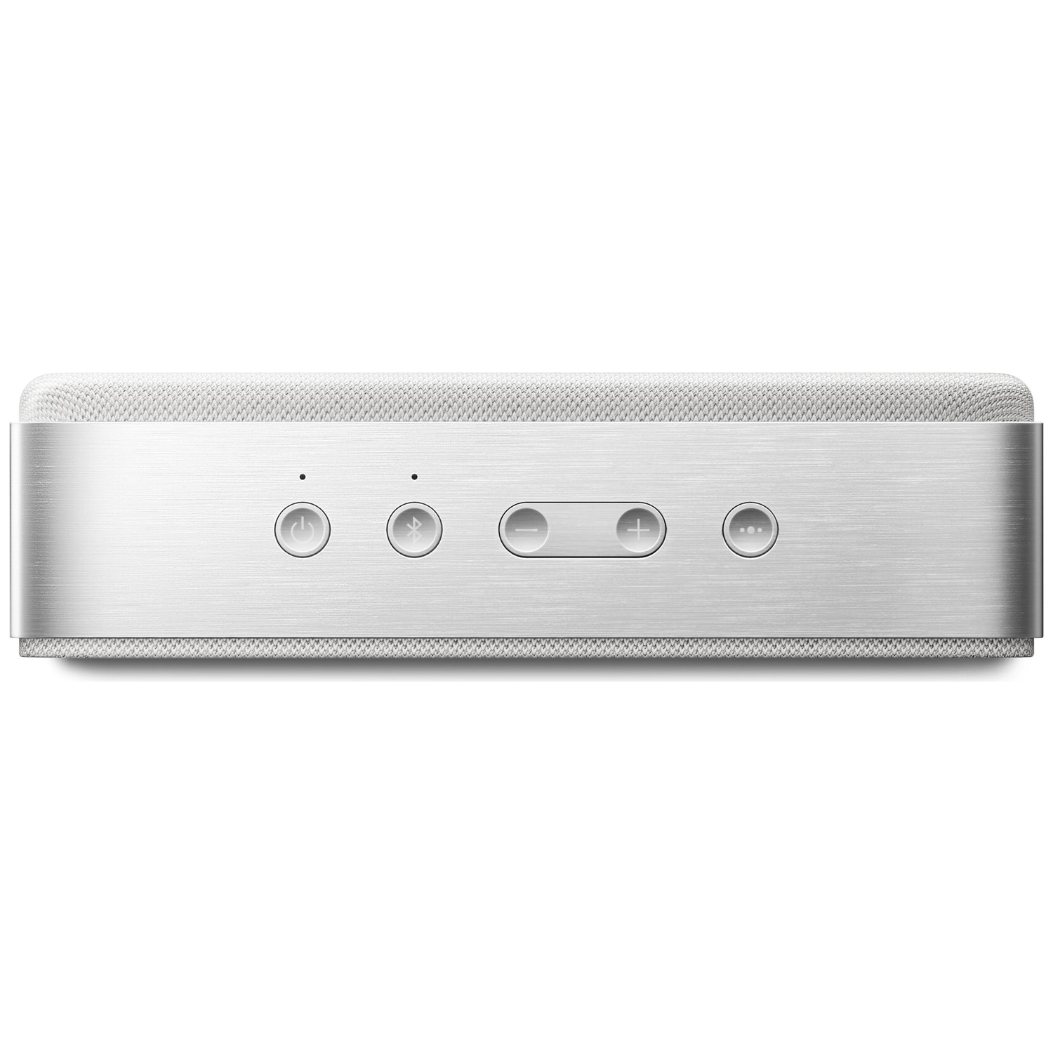 Silver speaker with control buttons: power, Bluetooth, volume, and menu.