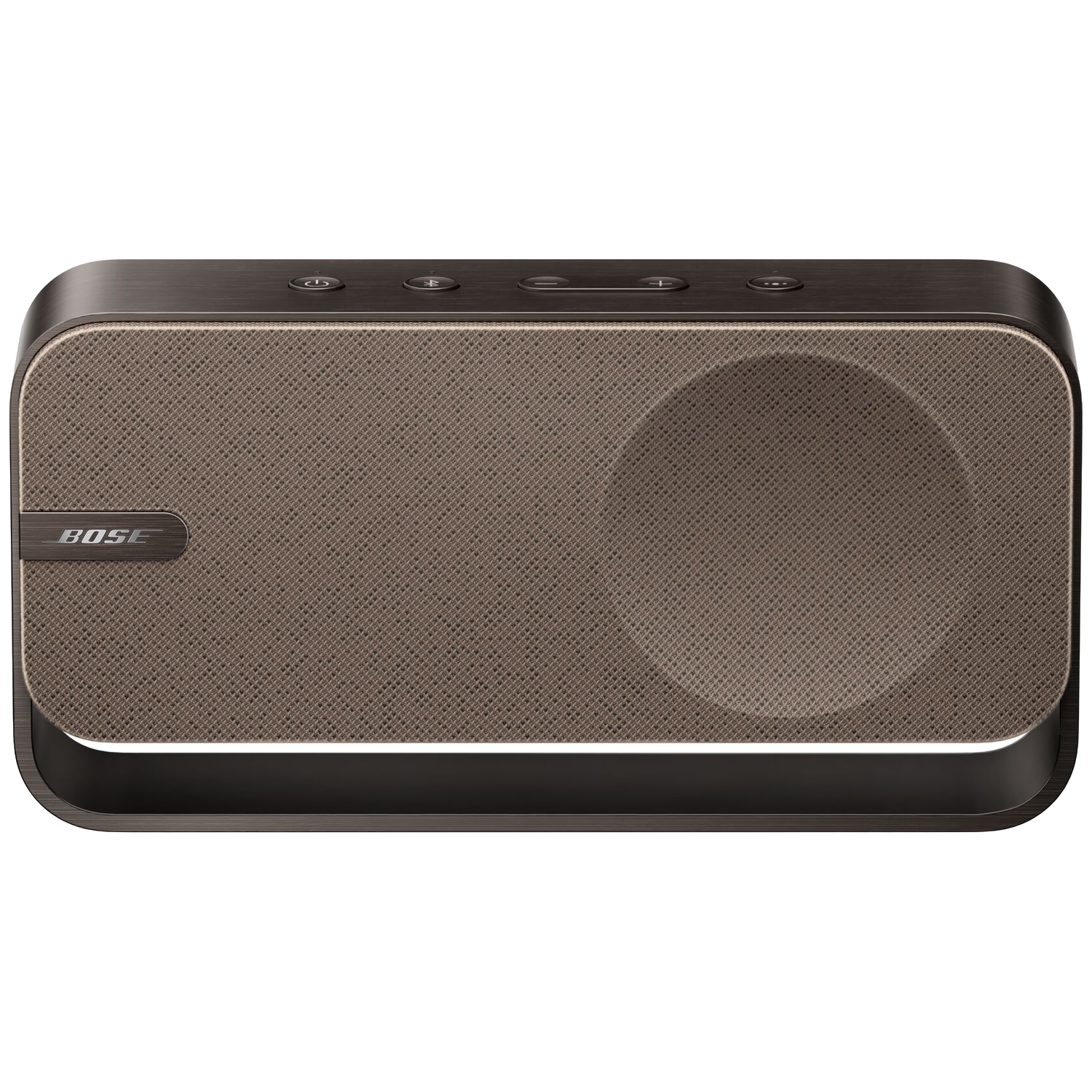 Brown Bose speaker with fabric grille and metallic casing.