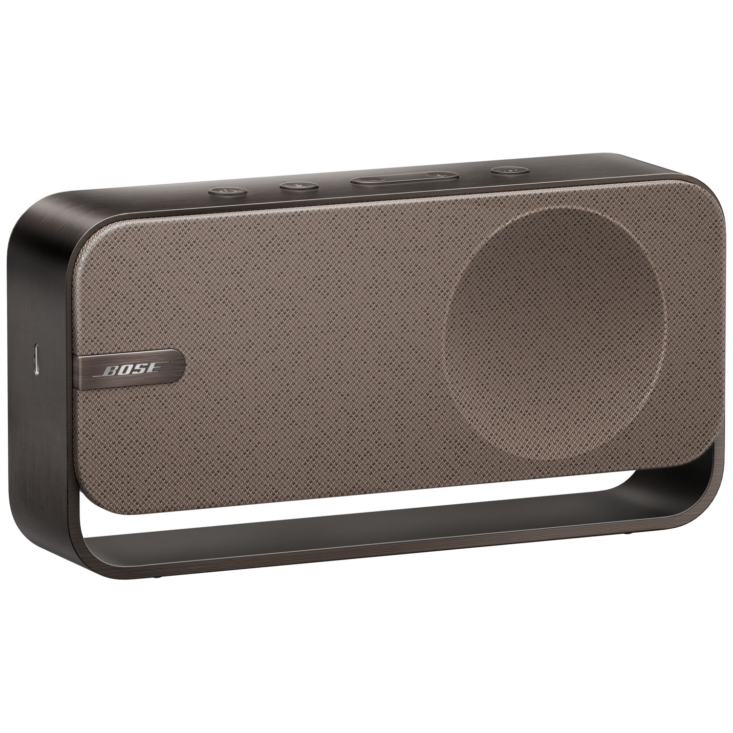 A compact, rectangular Bose speaker in dark brown with a fabric grille and top control buttons.