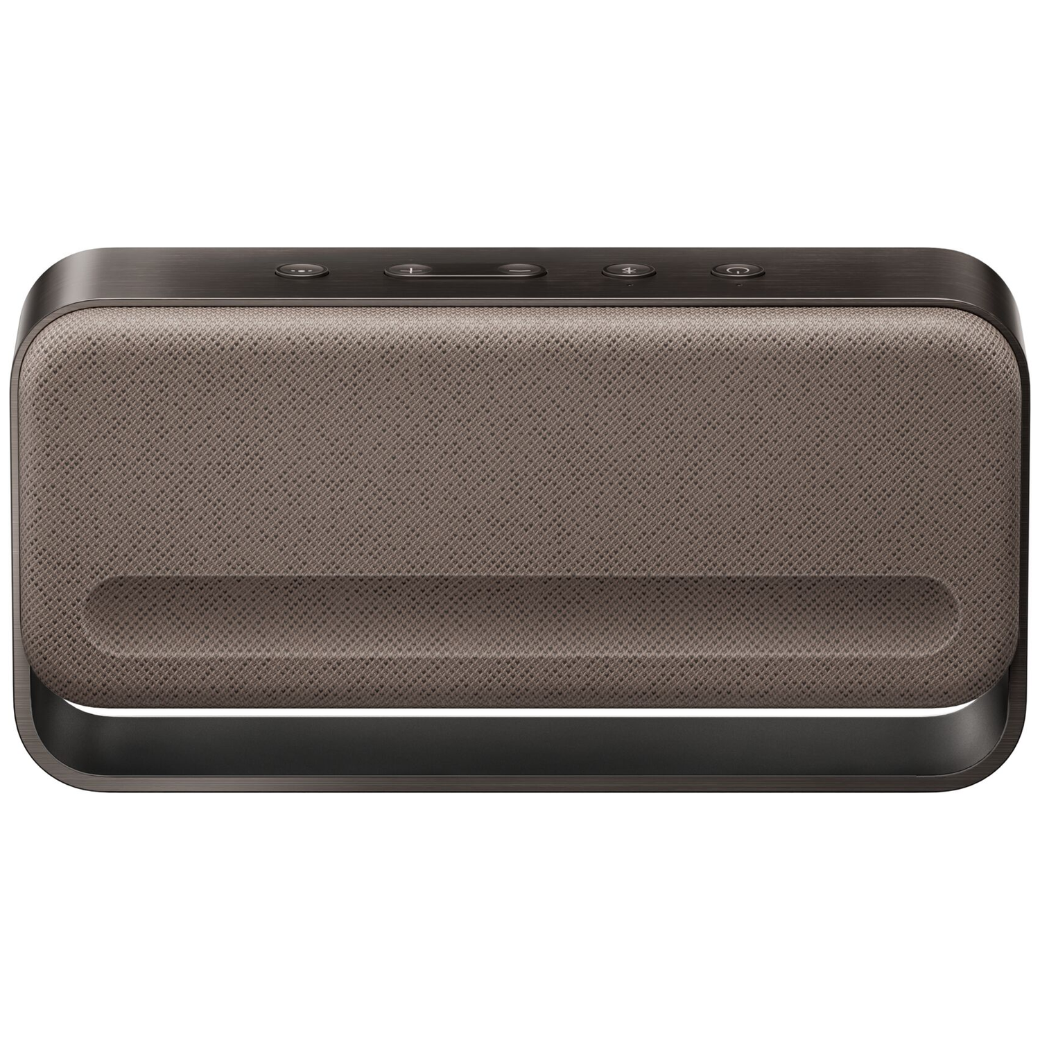 A rectangular brown speaker with a metal frame and buttons on top.