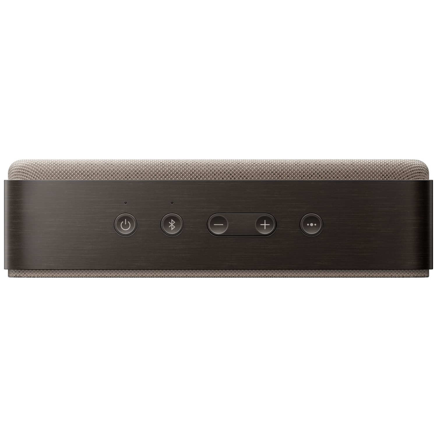 A slim, dark speaker with a fabric top and control buttons.