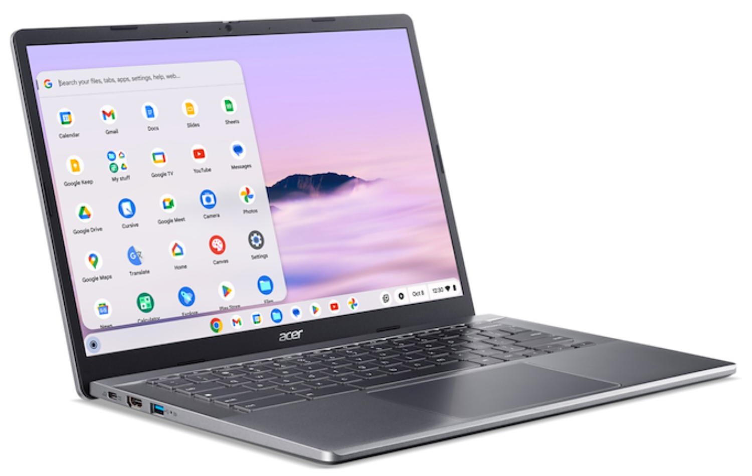 Un portátil plateado Acer muestra un menú de aplicaciones de Google en su pantalla, sobre un fondo de cielo nublado.