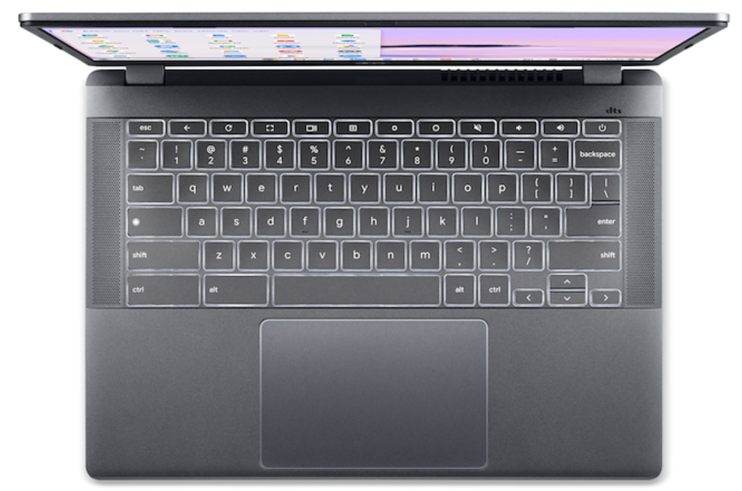 Un portátil gris abierto, vista superior del teclado y touchpad.
