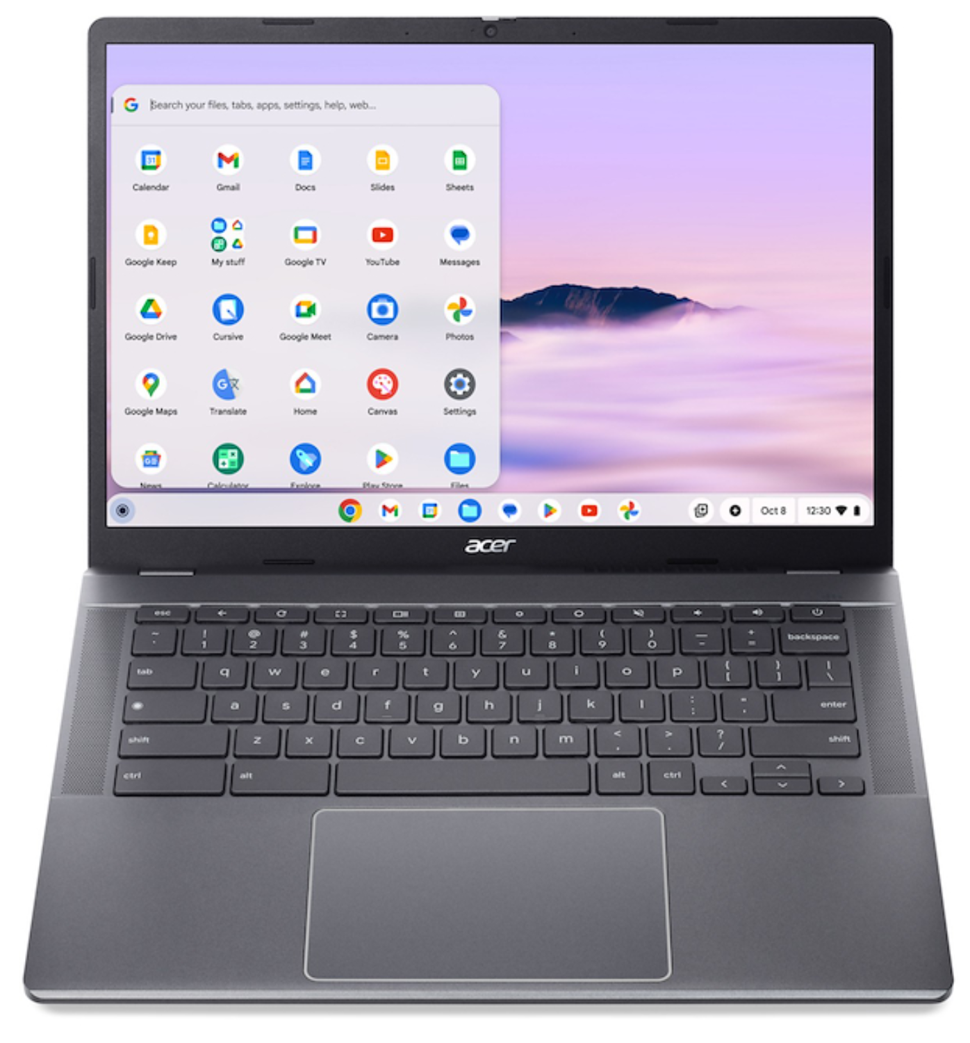 Un Chromebook Acer gris muestra su lanzador de aplicaciones con apps de Google.