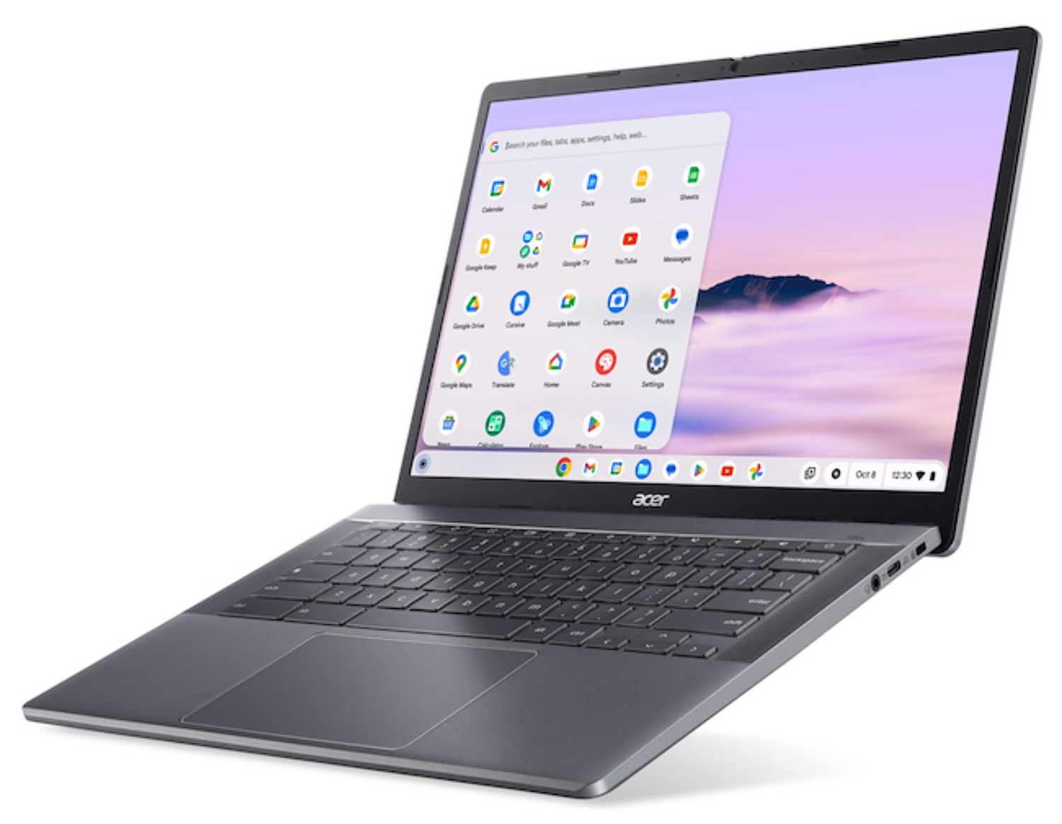 Un Chromebook Acer gris muestra sus aplicaciones y un fondo de pantalla de paisaje montañoso.