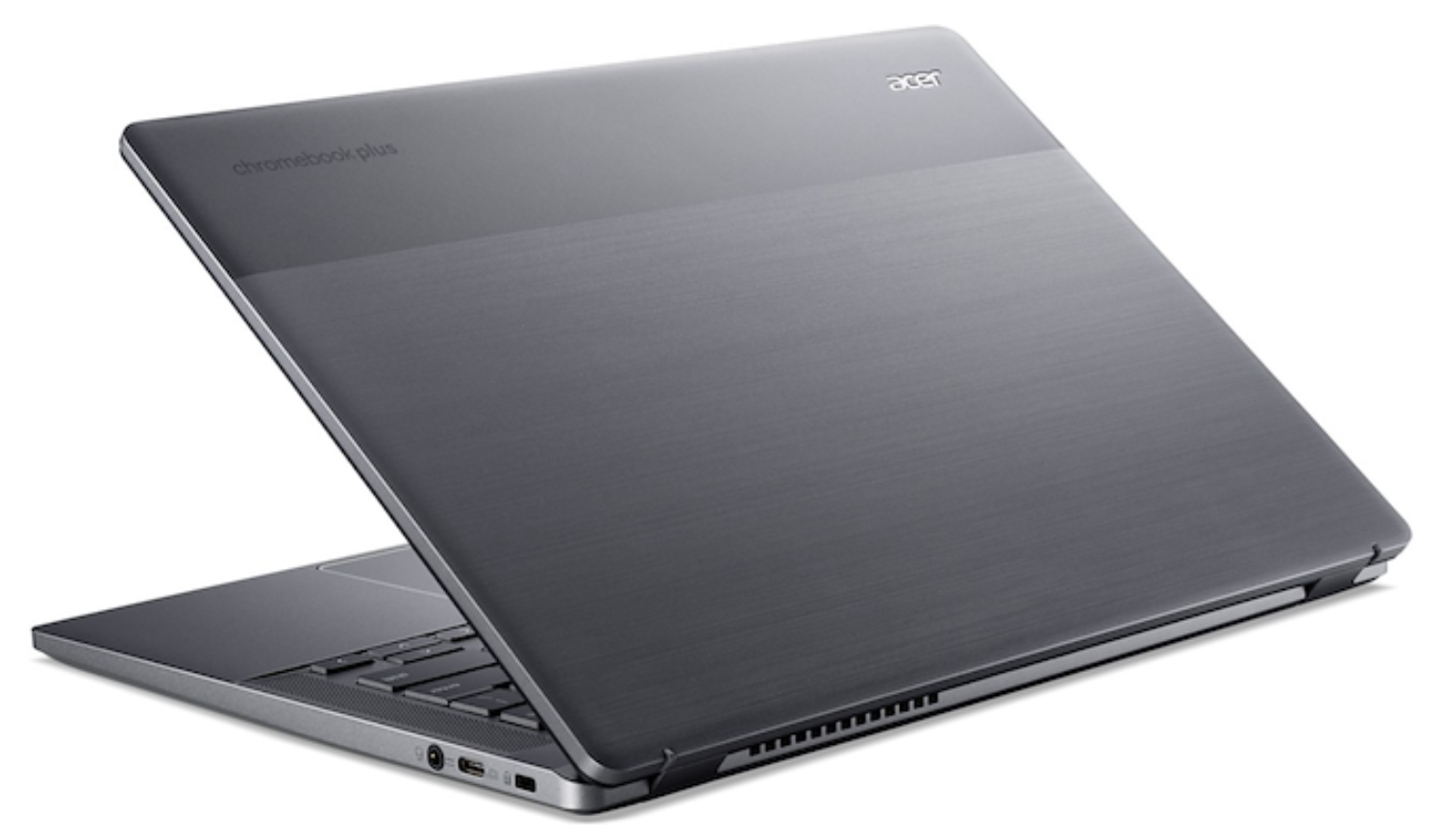 Un portátil Acer Chromebook Plus oscuro y cerrado sobre fondo blanco.