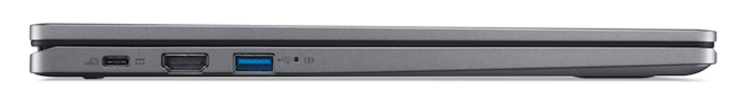 Vista lateral de laptop gris con puertos USB-C, HDMI y USB-A.