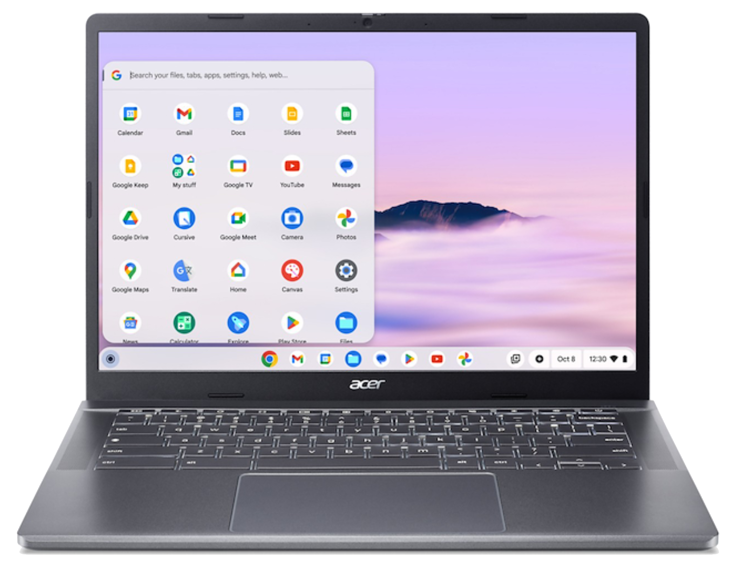 Un Chromebook Acer gris muestra un fondo de pantalla morado con montañas y nubes. El menú de aplicaciones está abierto.