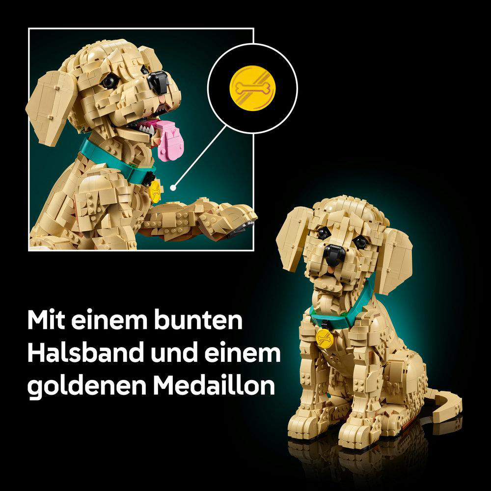 Ein LEGO-Hund mit türkisfarbenem Halsband und goldenem Medaillon.