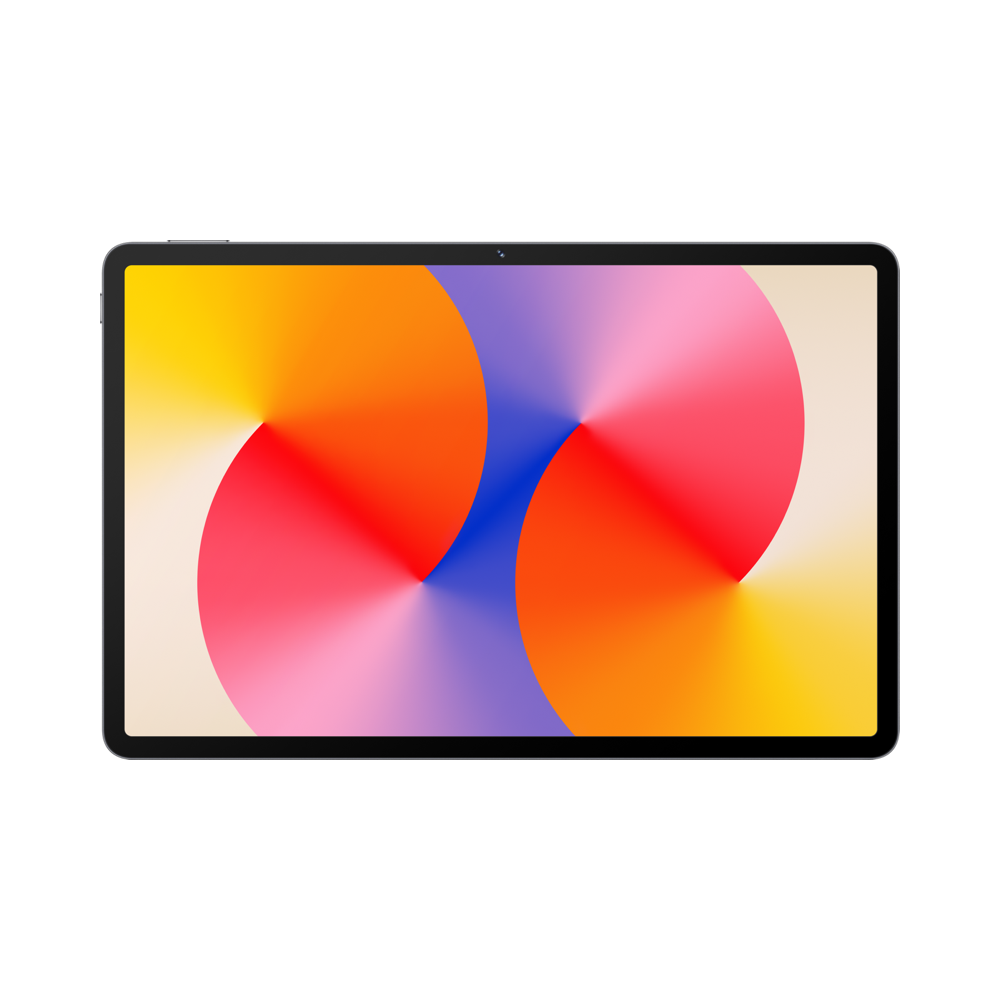 Sarı, turuncu, kırmızı ve mavi renklerde dönen renkli çemberlerden oluşan soyut arka plana sahip bir tablet.