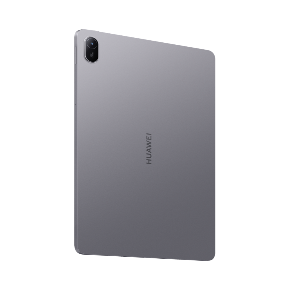 Kamera ve logolu gri Huawei tabletin arkası.