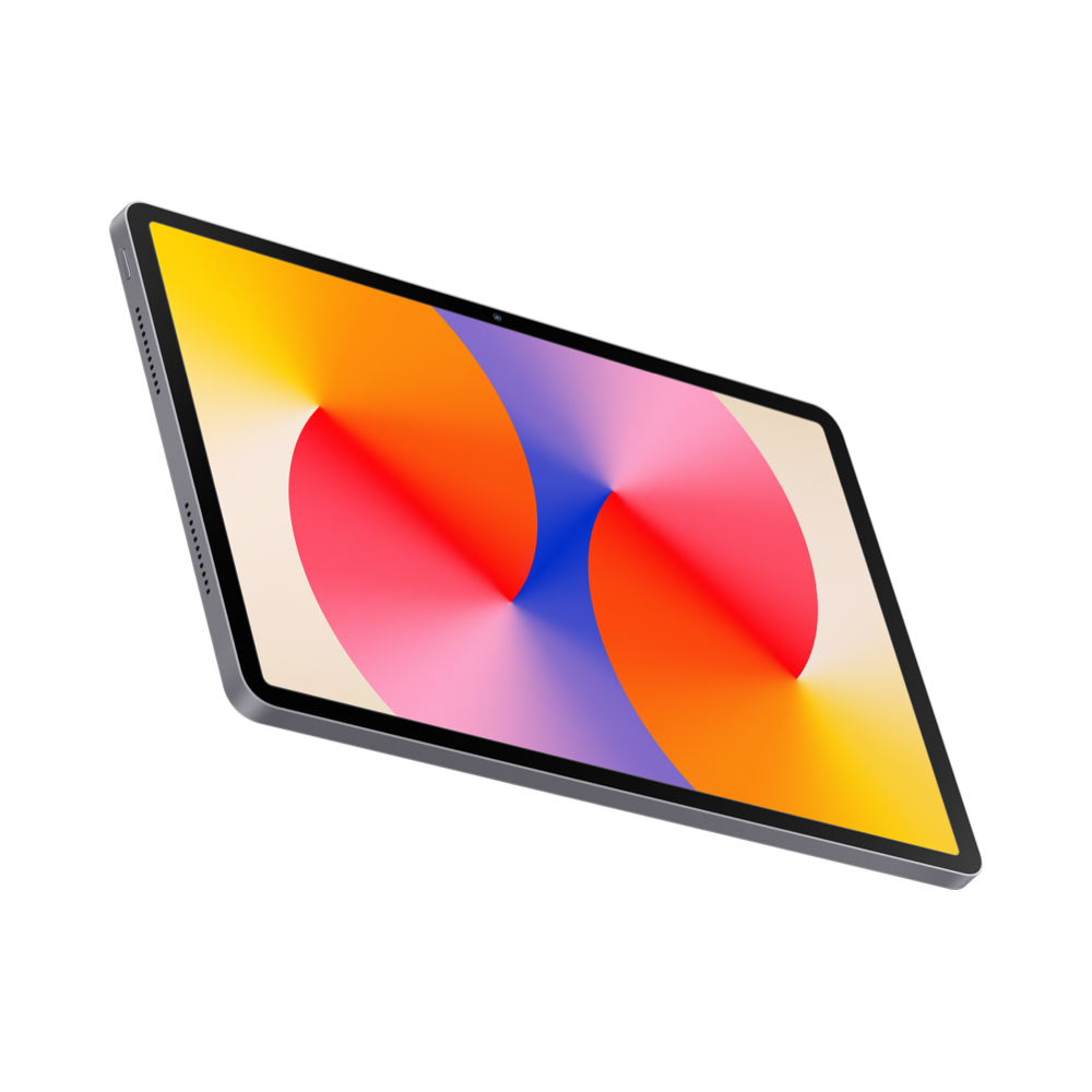 Ekranında renkli, soyut bir arka plan gösteren gümüş renkli tablet.