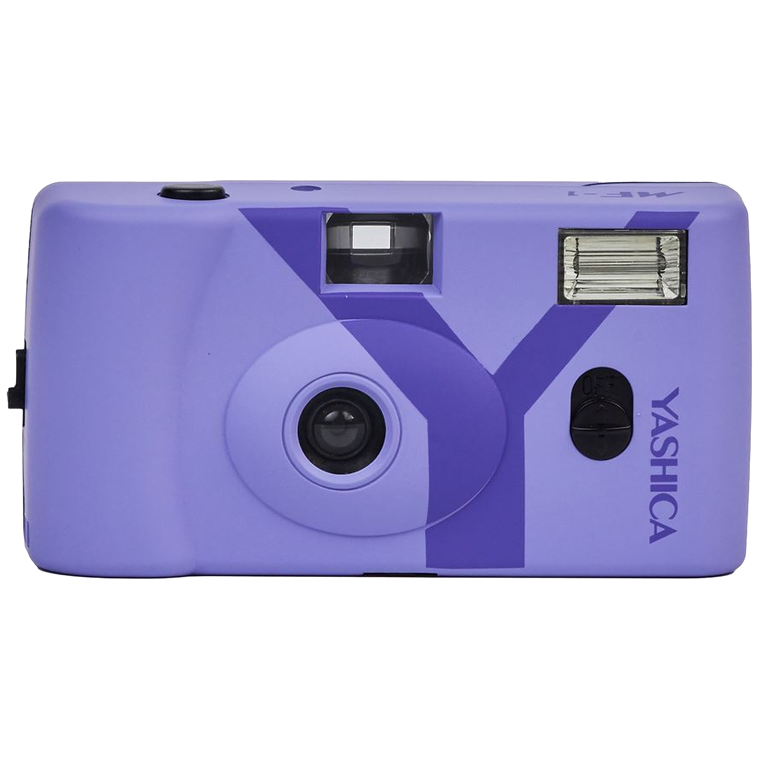Une caméra violette avec un grand design en Y et logo Yashica.