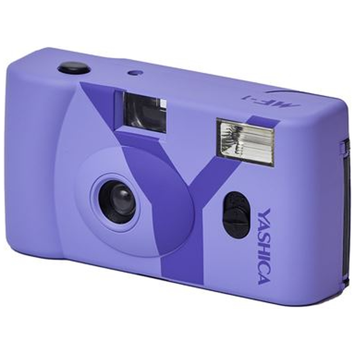 Un appareil photo Yashica violet avec un design en Y.