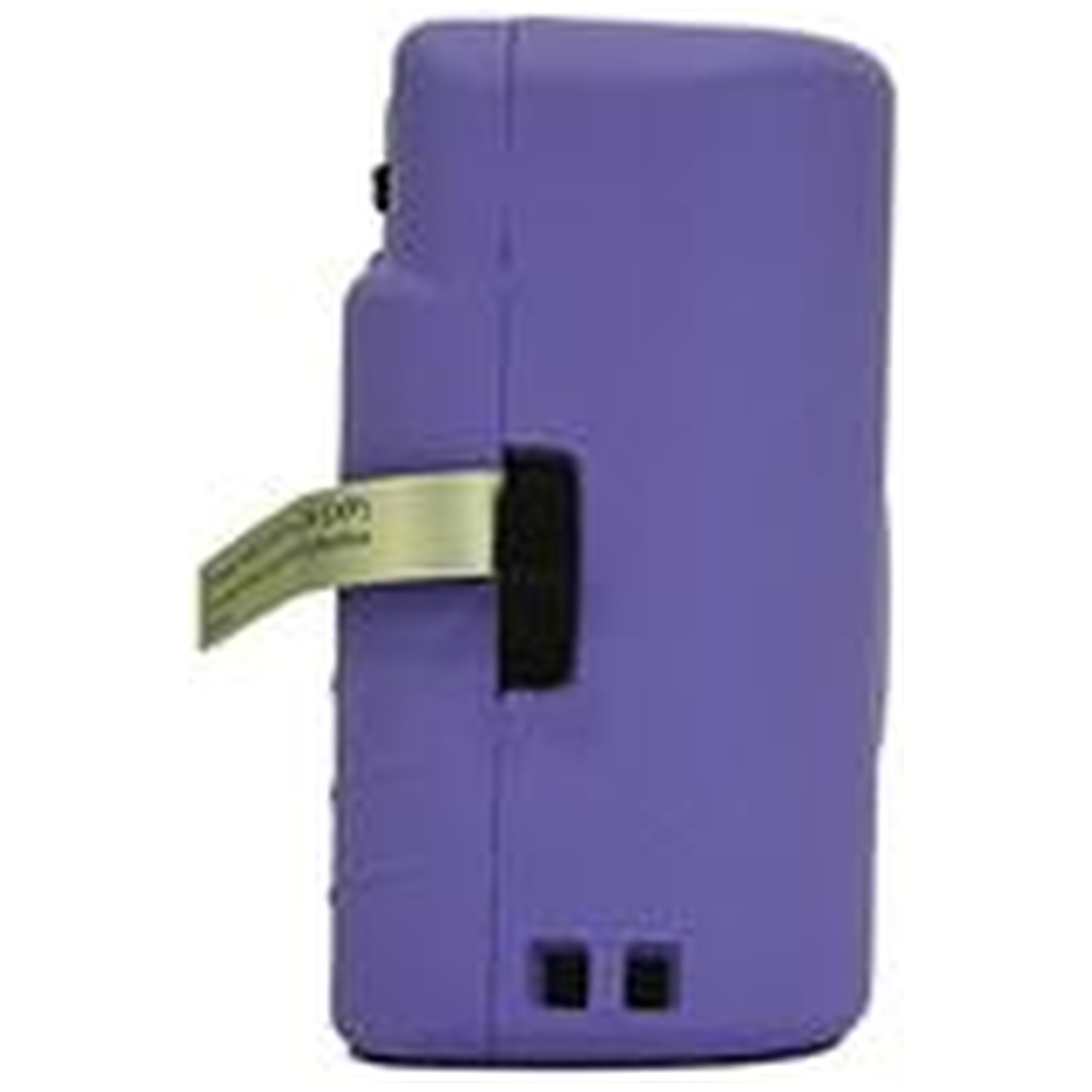 Un appareil violet avec une étiquette jaune, vu de côté.