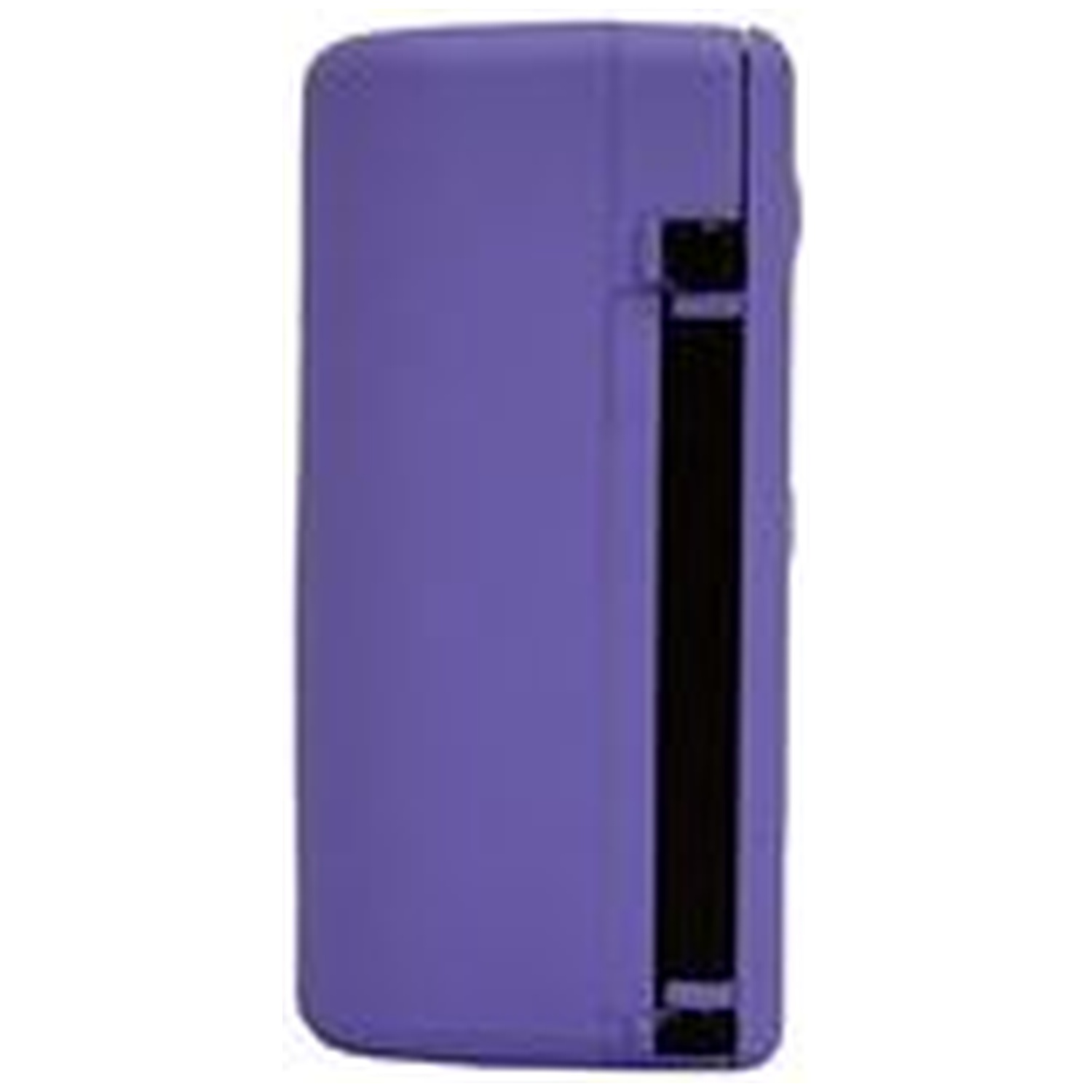 Un étui violet avec une bande noire sur le côté.