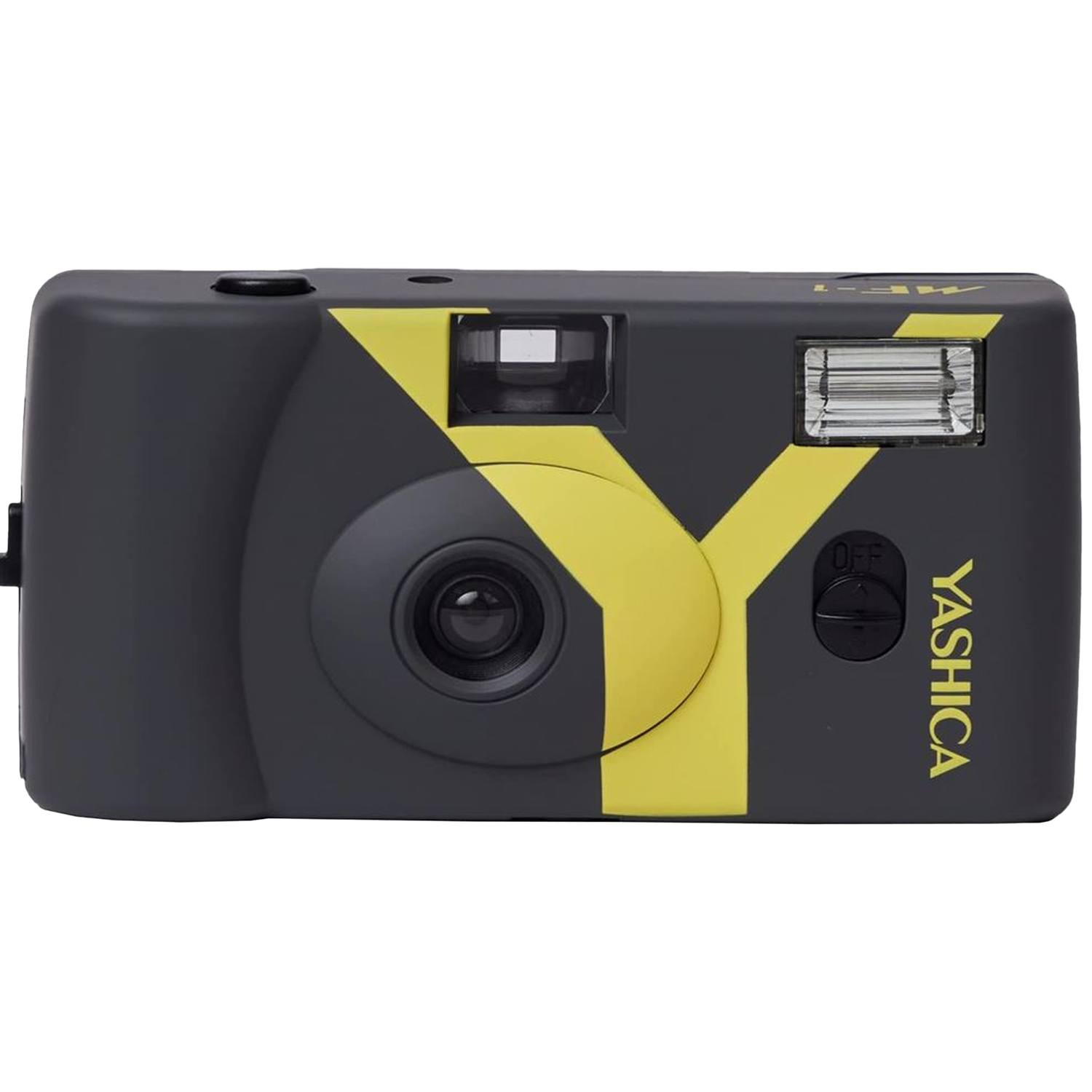 Appareil photo Yashica gris avec motif en Y jaune, flash et objectif.