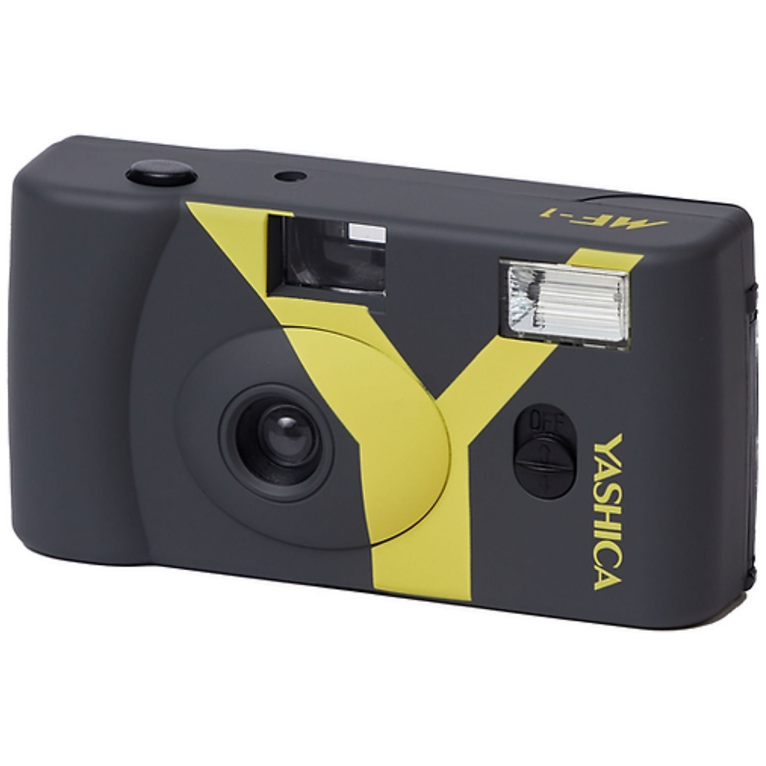 Un appareil photo Yashica MF-1 gris avec un motif Y jaune et flash.