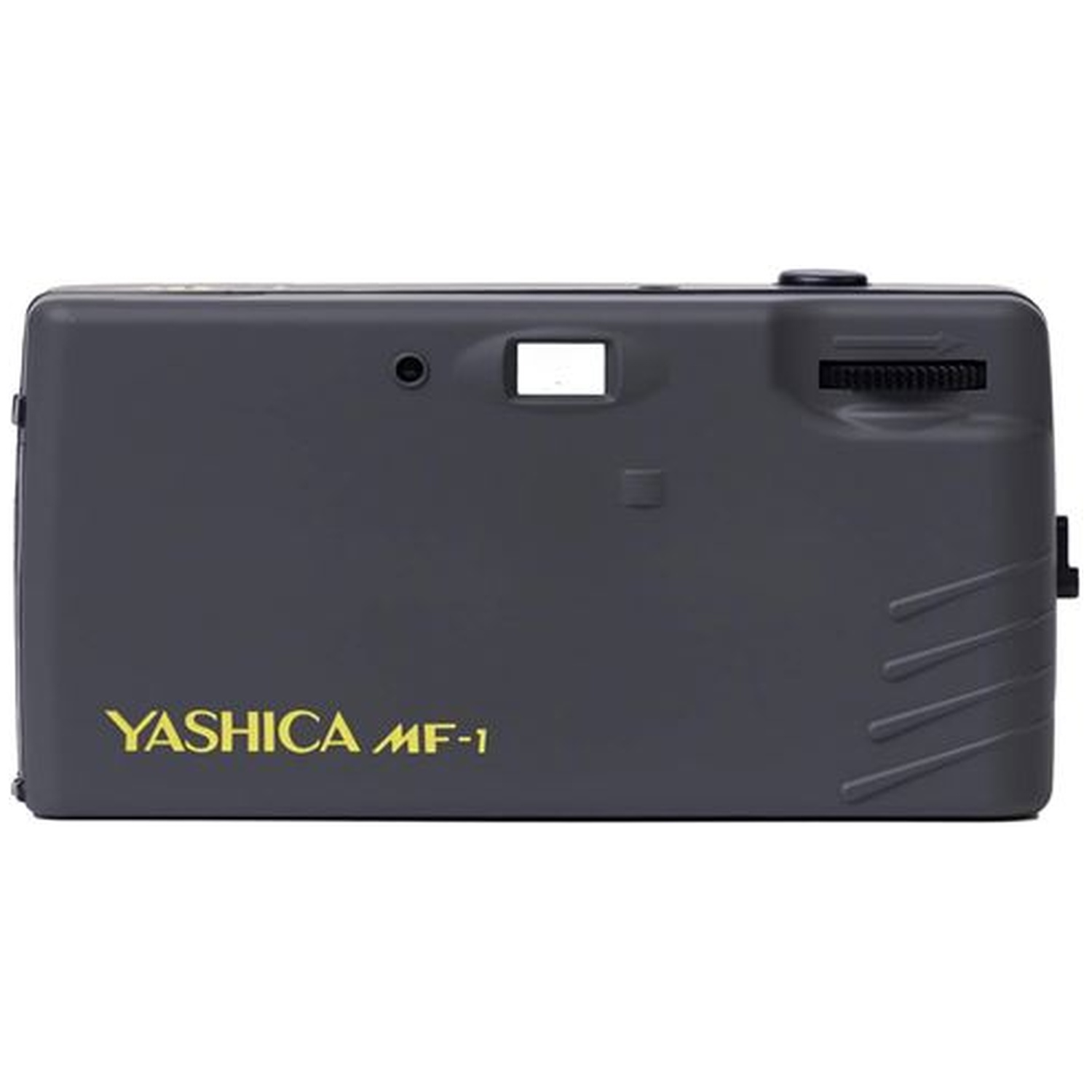 Appareil photo Yashica MF-1 gris foncé avec texte jaune, vue arrière.
