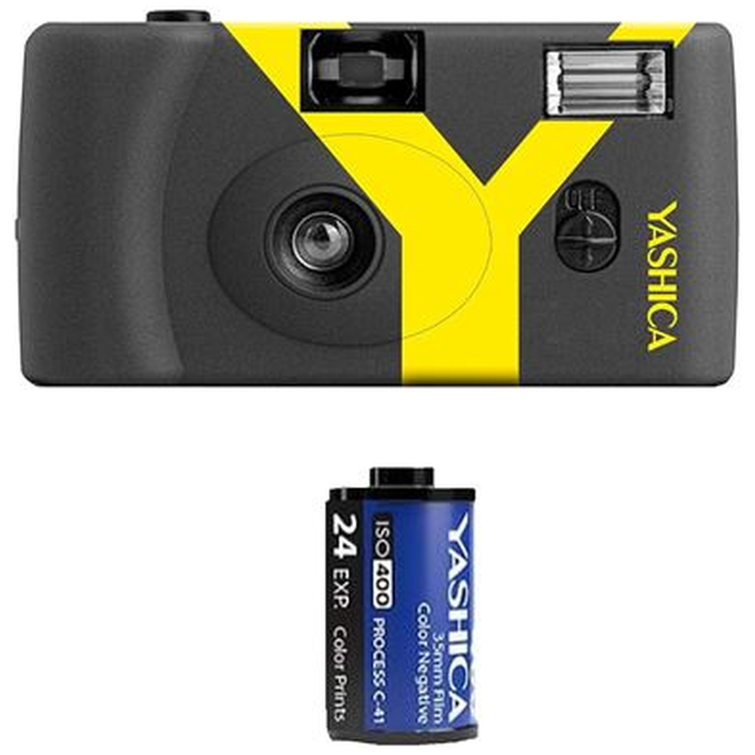 Appareil photo Yashica noir avec design en Y jaune et rouleau de film à côté.