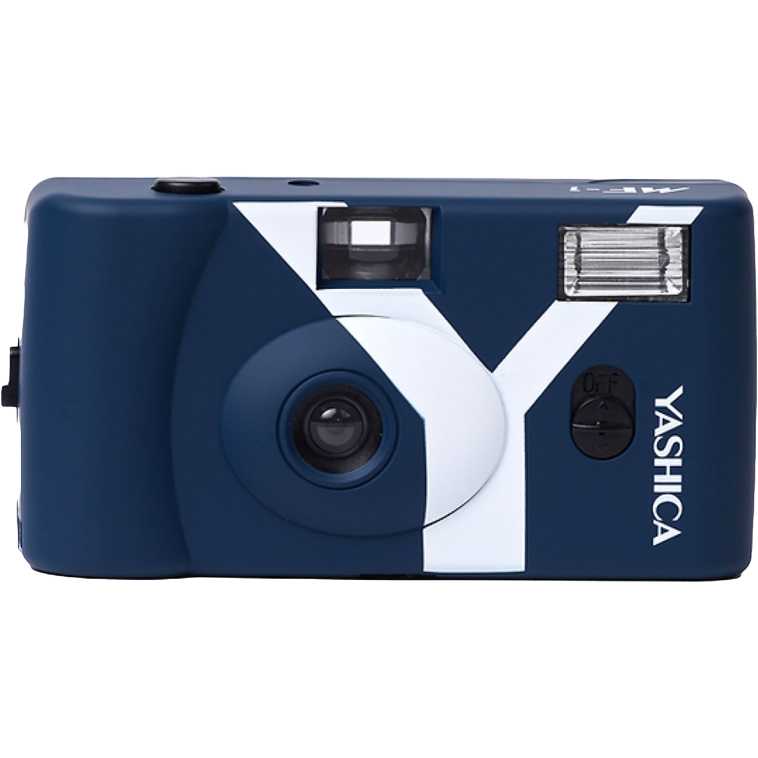 Donkerblauwe camera met wit Y-logo, flitser en Yashica-tekst.