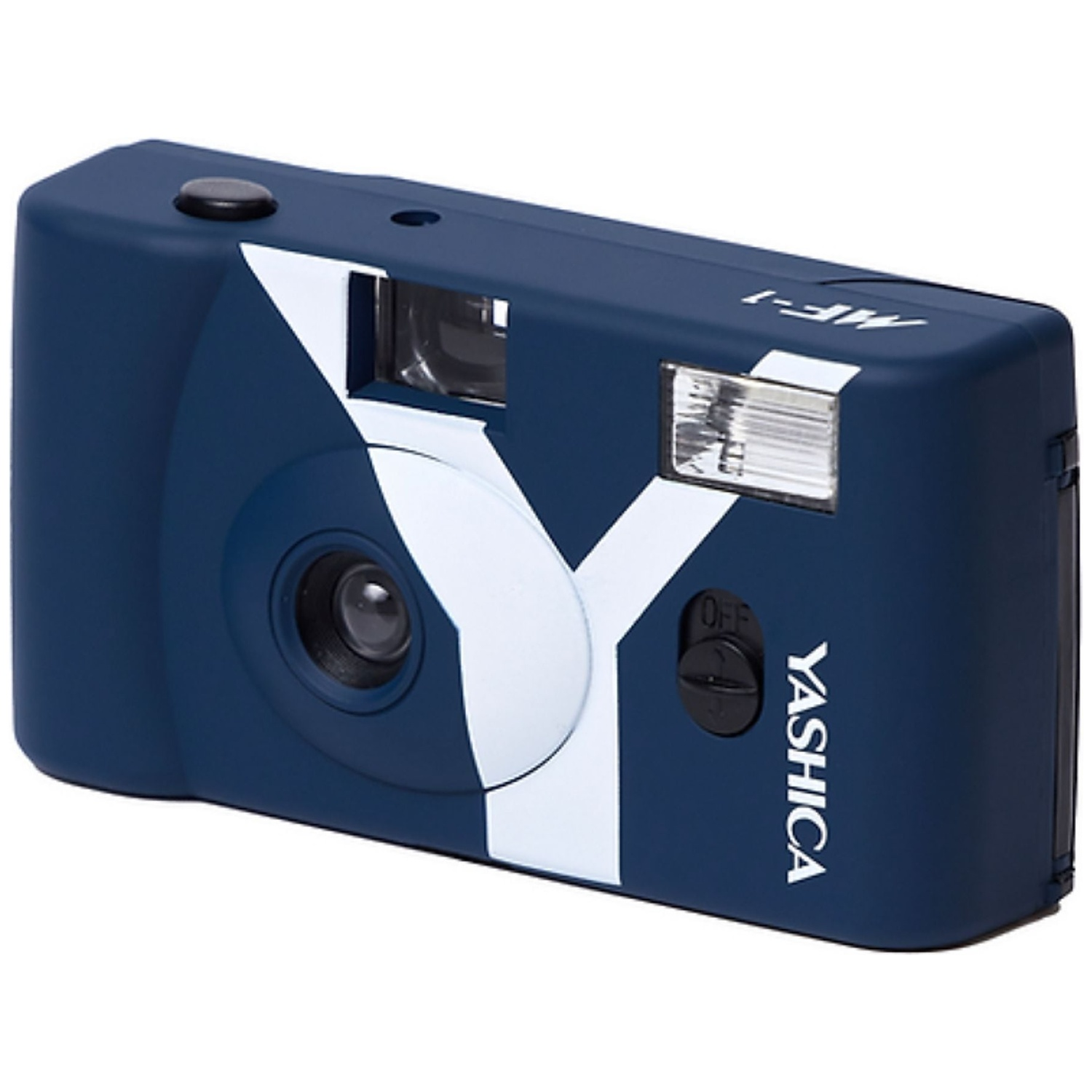 Een marineblauwe Yashica camera met een wit Y-ontwerp en flitser.