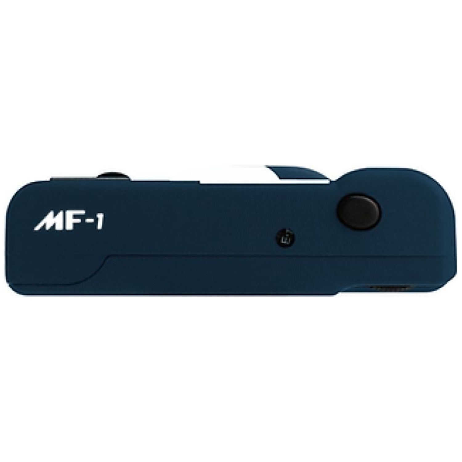 Donkerblauw apparaat met witte streep en "MF-1" opschrift.
