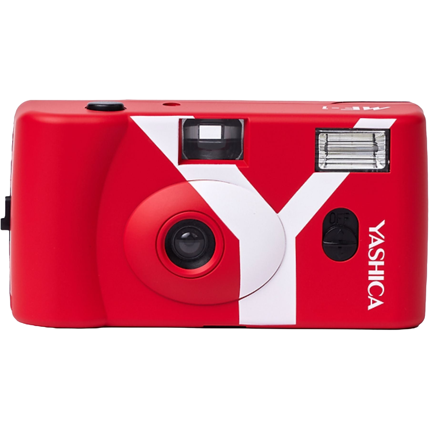 Appareil photo jetable rouge avec logo "Y" blanc et marque Yashica.