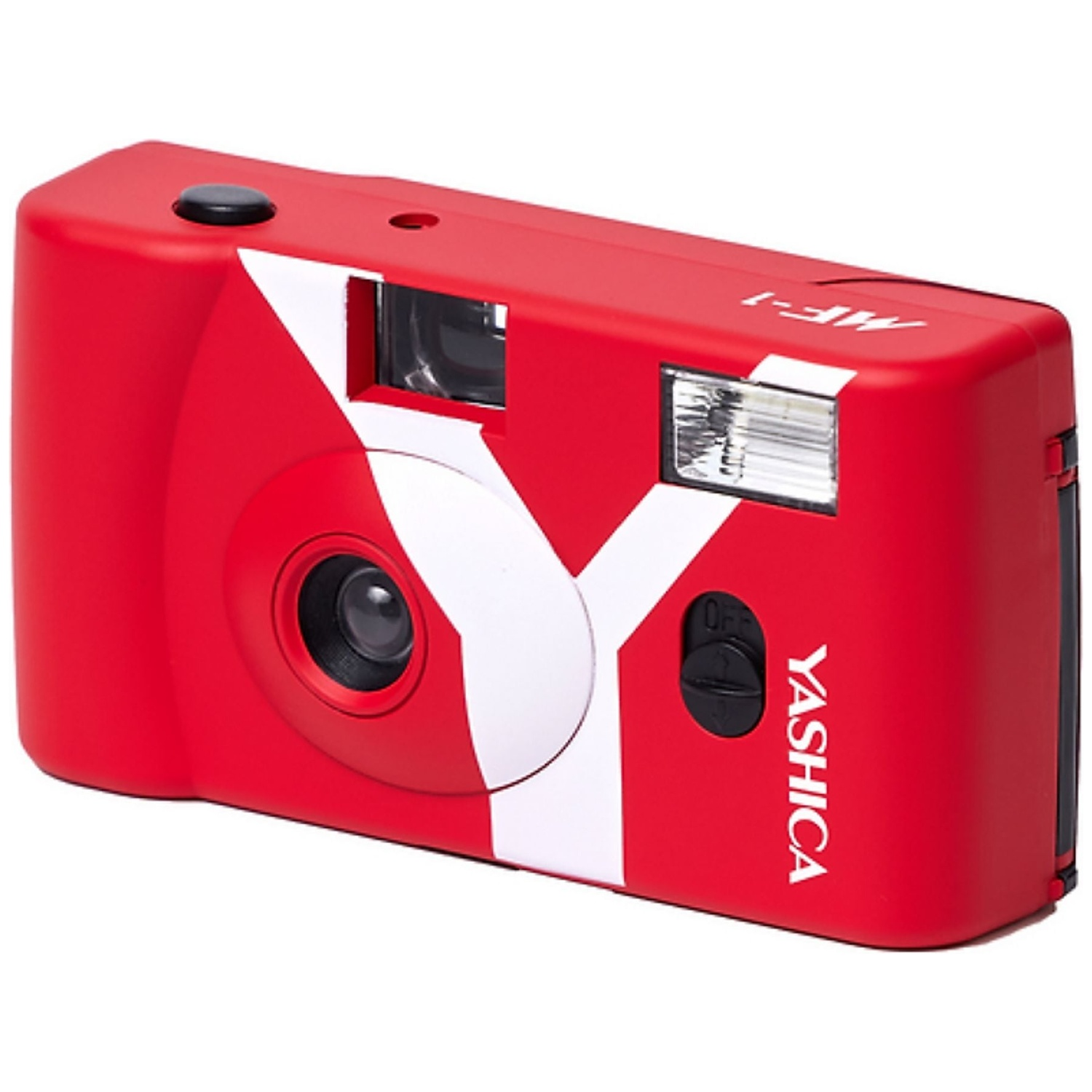 Un appareil photo Yashica MF-1 rouge avec logo Y blanc et flash.