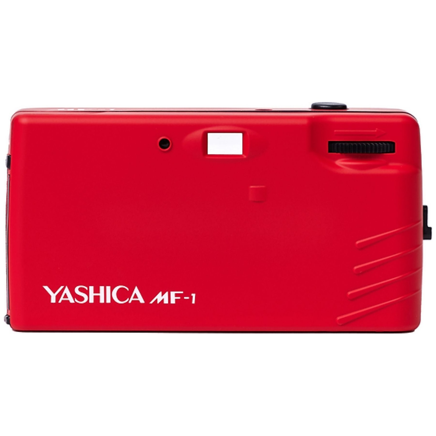 Appareil photo Yashica MF-1 rouge avec inscription blanche et molette noire.