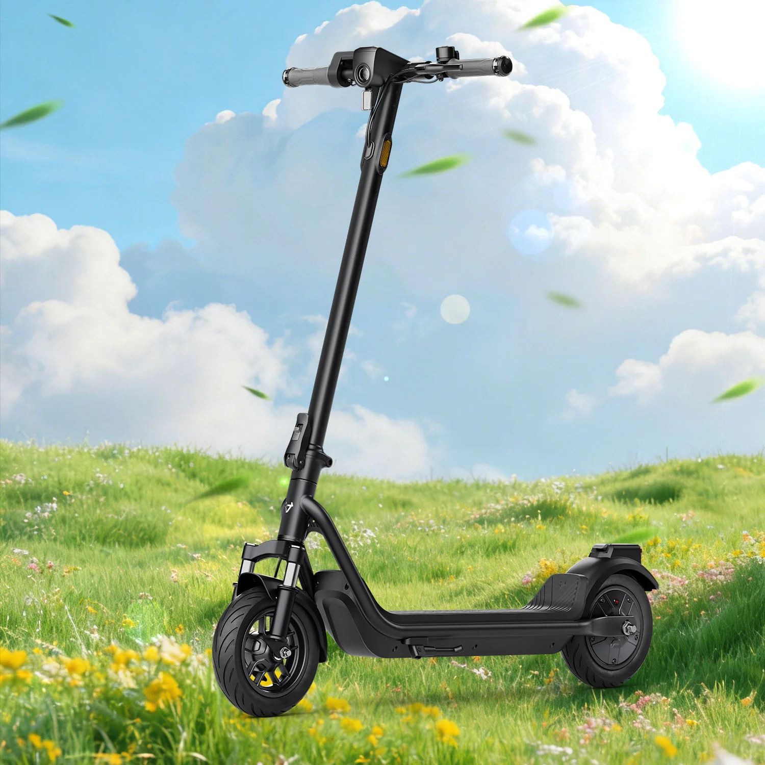 Egy fekete elektromos roller áll egy zöld réten sárga virágokkal.