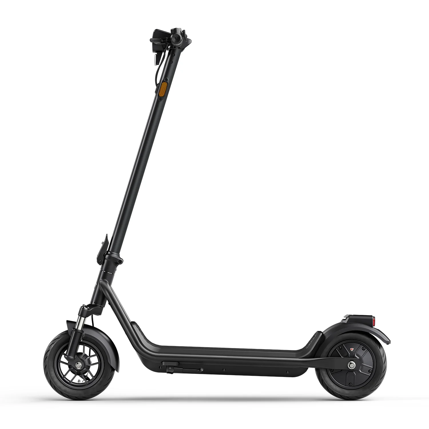 Fekete elektromos roller fehér háttérrel, oldalról mutatva.